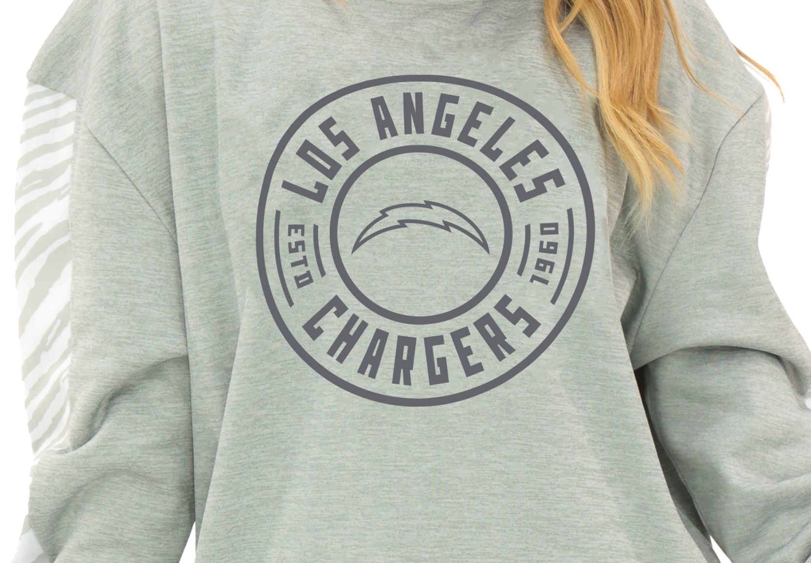 Zubaz NFL   Women's Offense 2 Color Tonal Zebra Arm Panels Crewneck with Pockets, LOS ANGELES CHARGERS