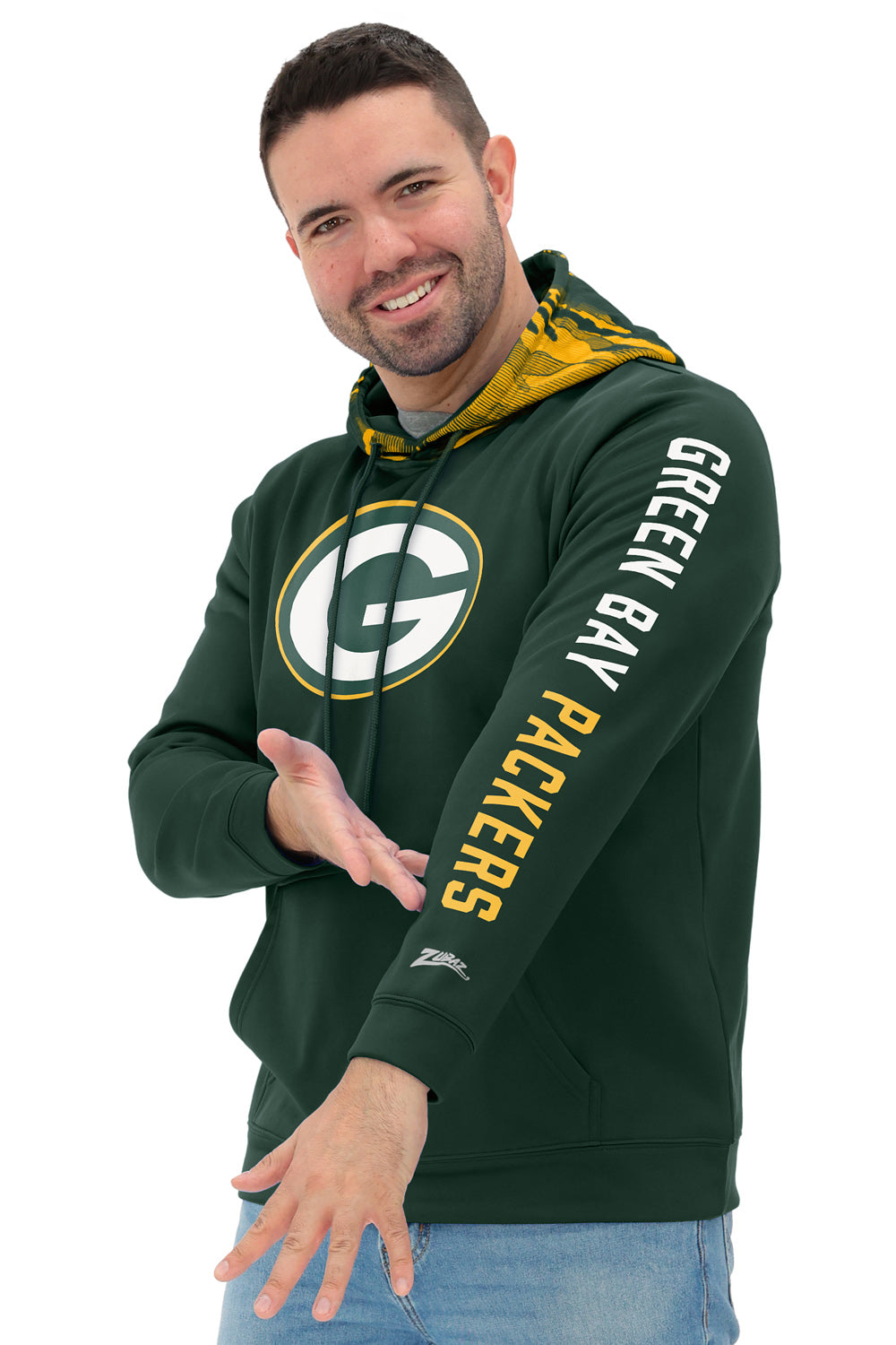 Zubaz NFL   Men's Front and Sleeve Print Camo Line Hood Hoodie, GREEN BAY PACKERS