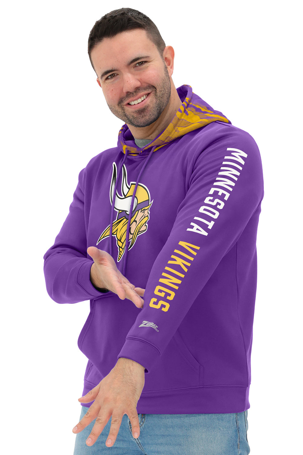 Zubaz NFL   Men's Front and Sleeve Print Camo Line Hood Hoodie, MINNESOTA VIKINGS
