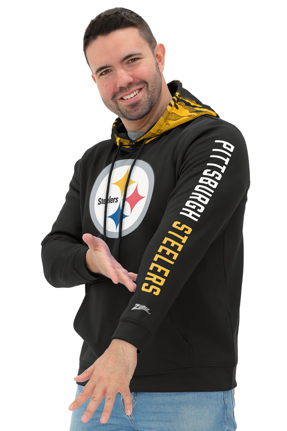 Zubaz NFL   Men's Front and Sleeve Print Camo Line Hood Hoodie, PITTSBURGH STEELERS