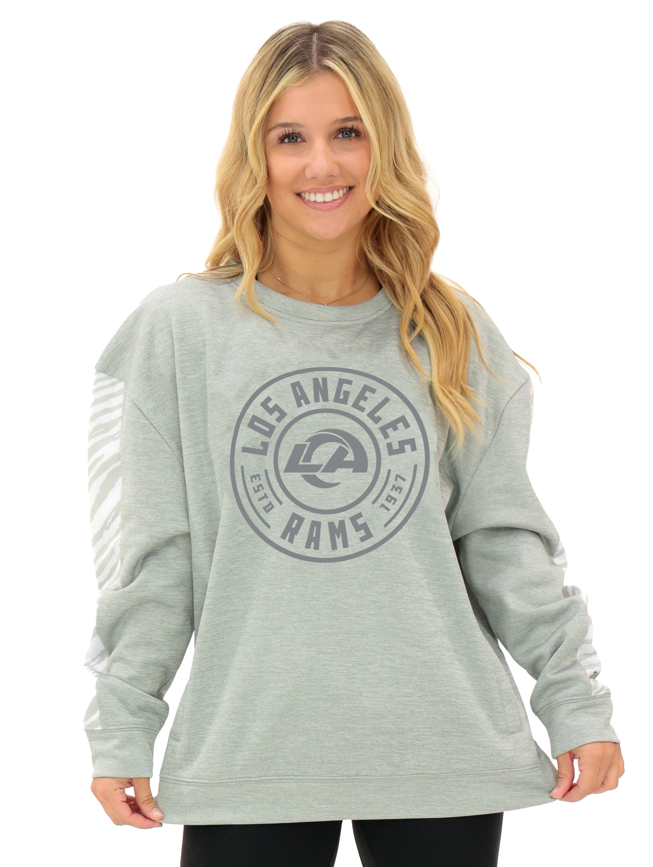 Zubaz NFL   Women's Offense 2 Color Tonal Zebra Arm Panels Crewneck with Pockets, LOS ANGELES RAMS