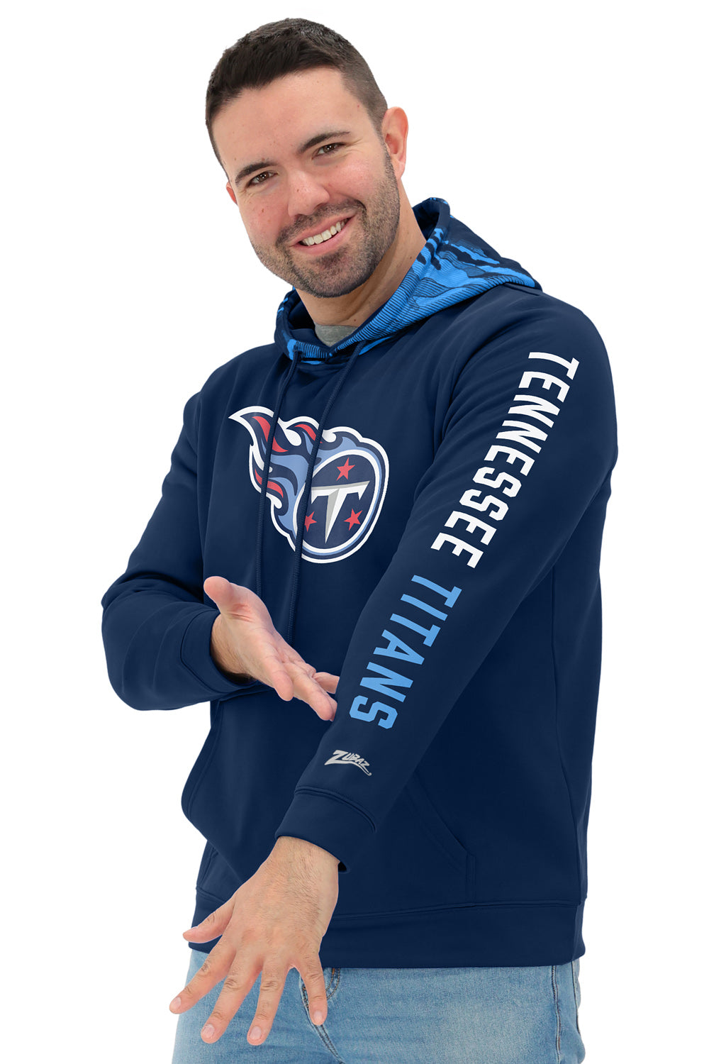 Zubaz NFL   Men's Front and Sleeve Print Camo Line Hood Hoodie, TENNESSEE TITANS