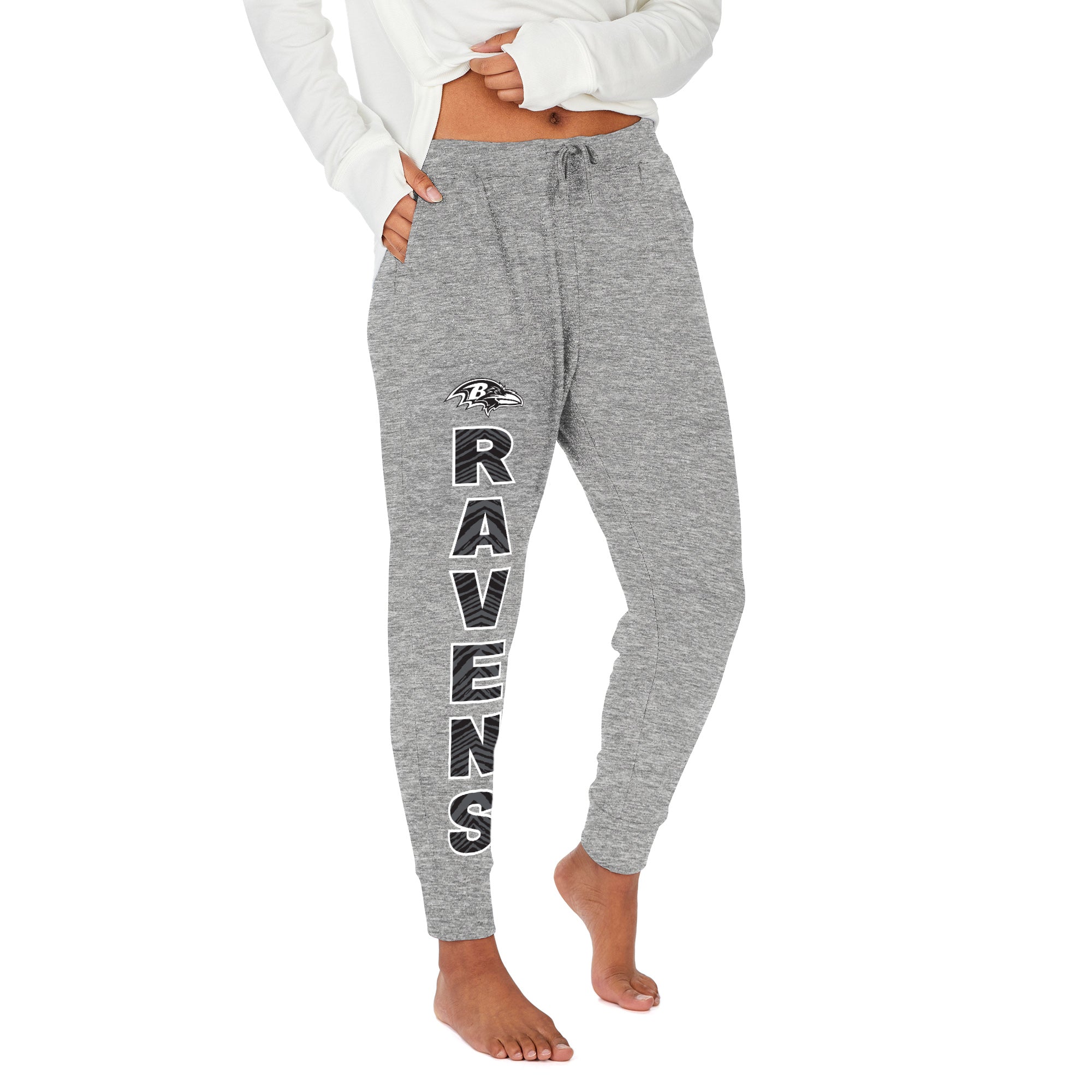 Zubaz NFL Women's Stacked Text Soft Marled Gray Jogger, Baltimore Ravens