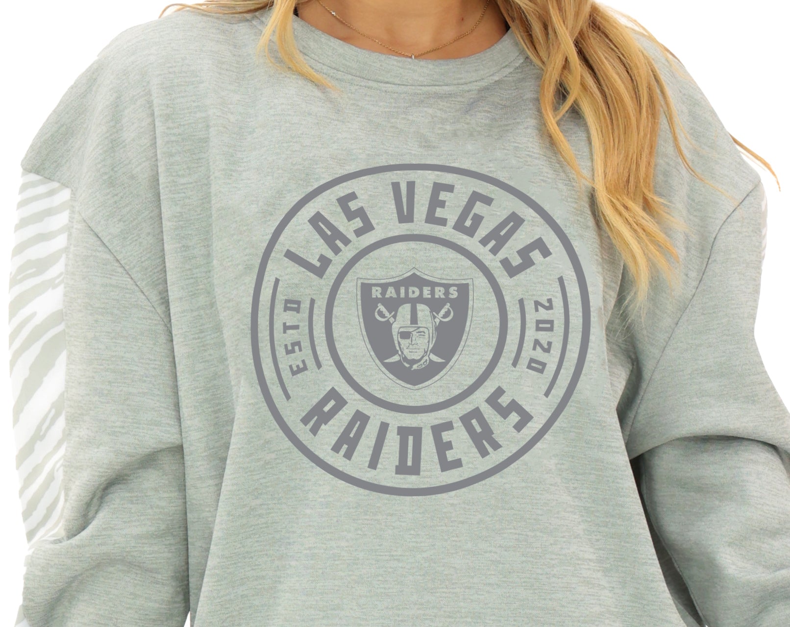 Zubaz NFL   Women's Offense 2 Color Tonal Zebra Arm Panels Crewneck with Pockets, LAS VEGAS RAIDERS