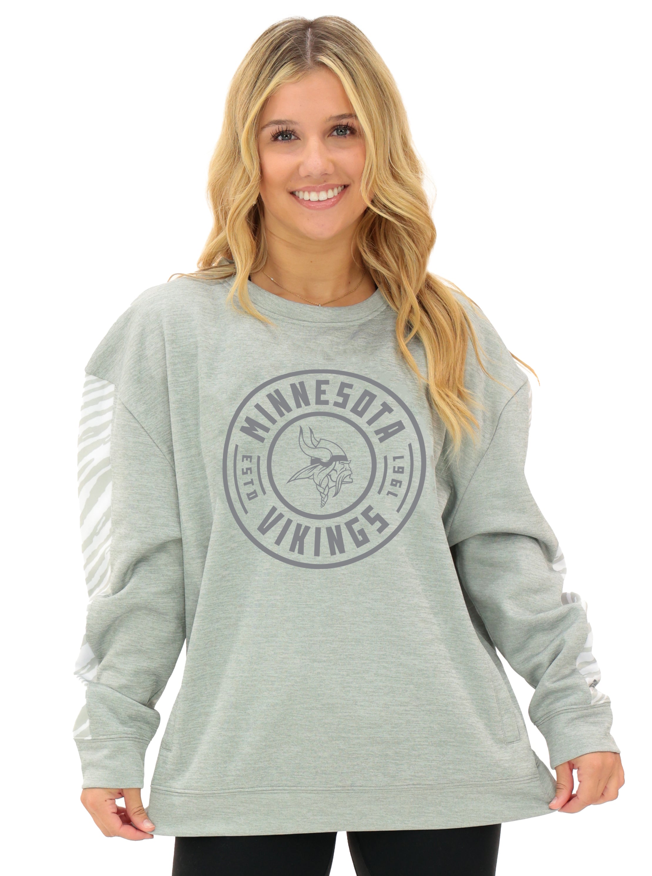 Zubaz NFL   Women's Offense 2 Color Tonal Zebra Arm Panels Crewneck with Pockets, MINNESOTA VIKINGS