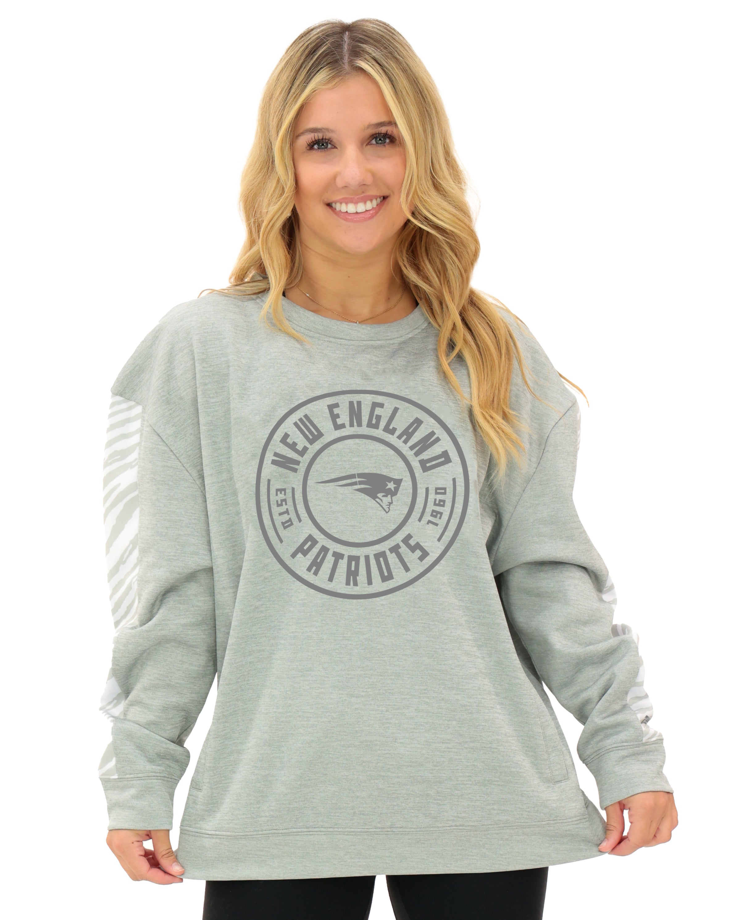 Zubaz NFL   Women's Offense 2 Color Tonal Zebra Arm Panels Crewneck with Pockets, NEW ENGLAND PATRIOTS