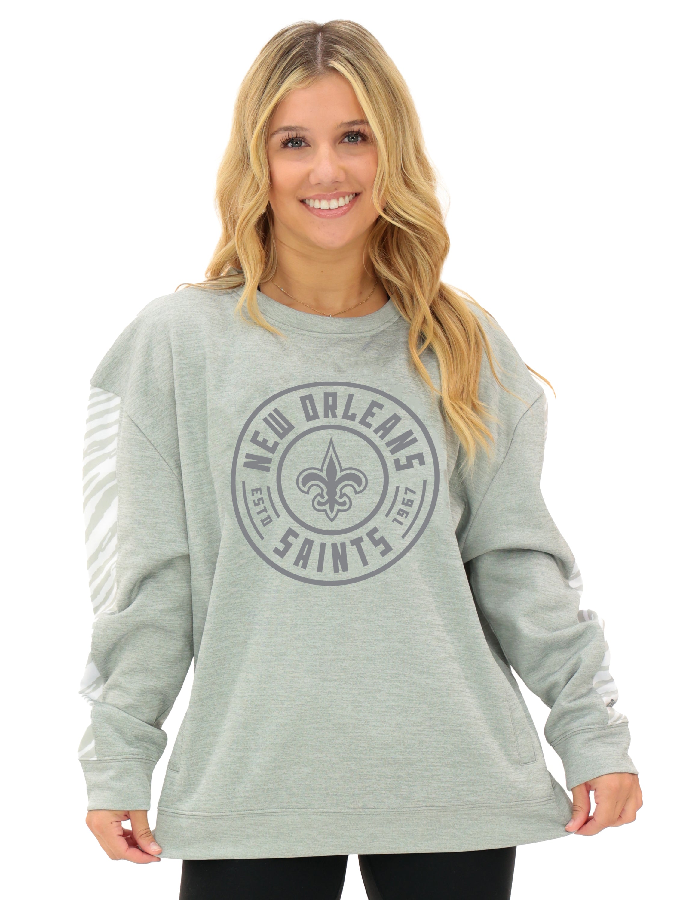 Zubaz NFL   Women's Offense 2 Color Tonal Zebra Arm Panels Crewneck with Pockets, NEW ORLEANS SAINTS