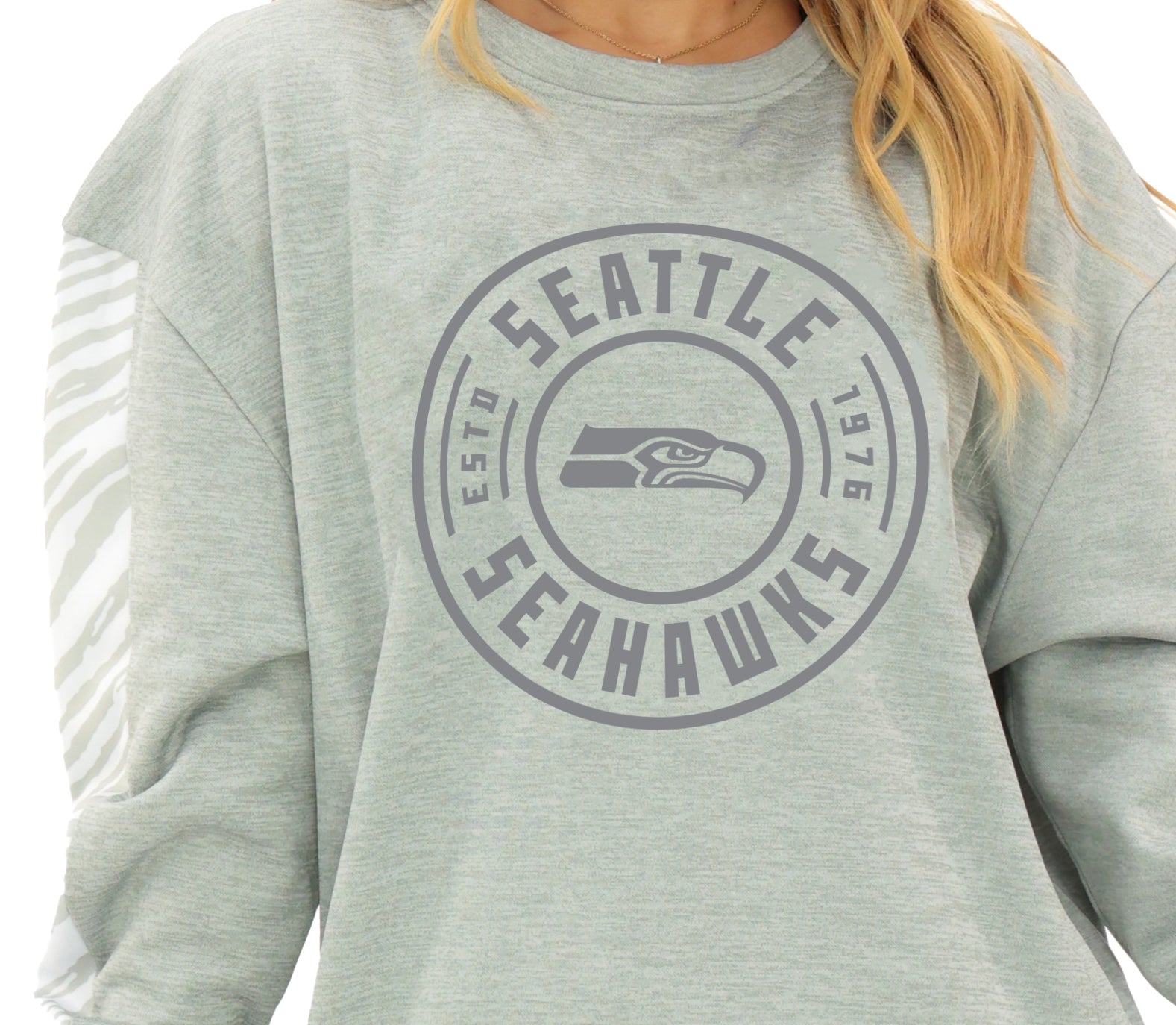 Zubaz NFL   Women's Offense 2 Color Tonal Zebra Arm Panels Crewneck with Pockets, SEATTLE SEAHAWKS