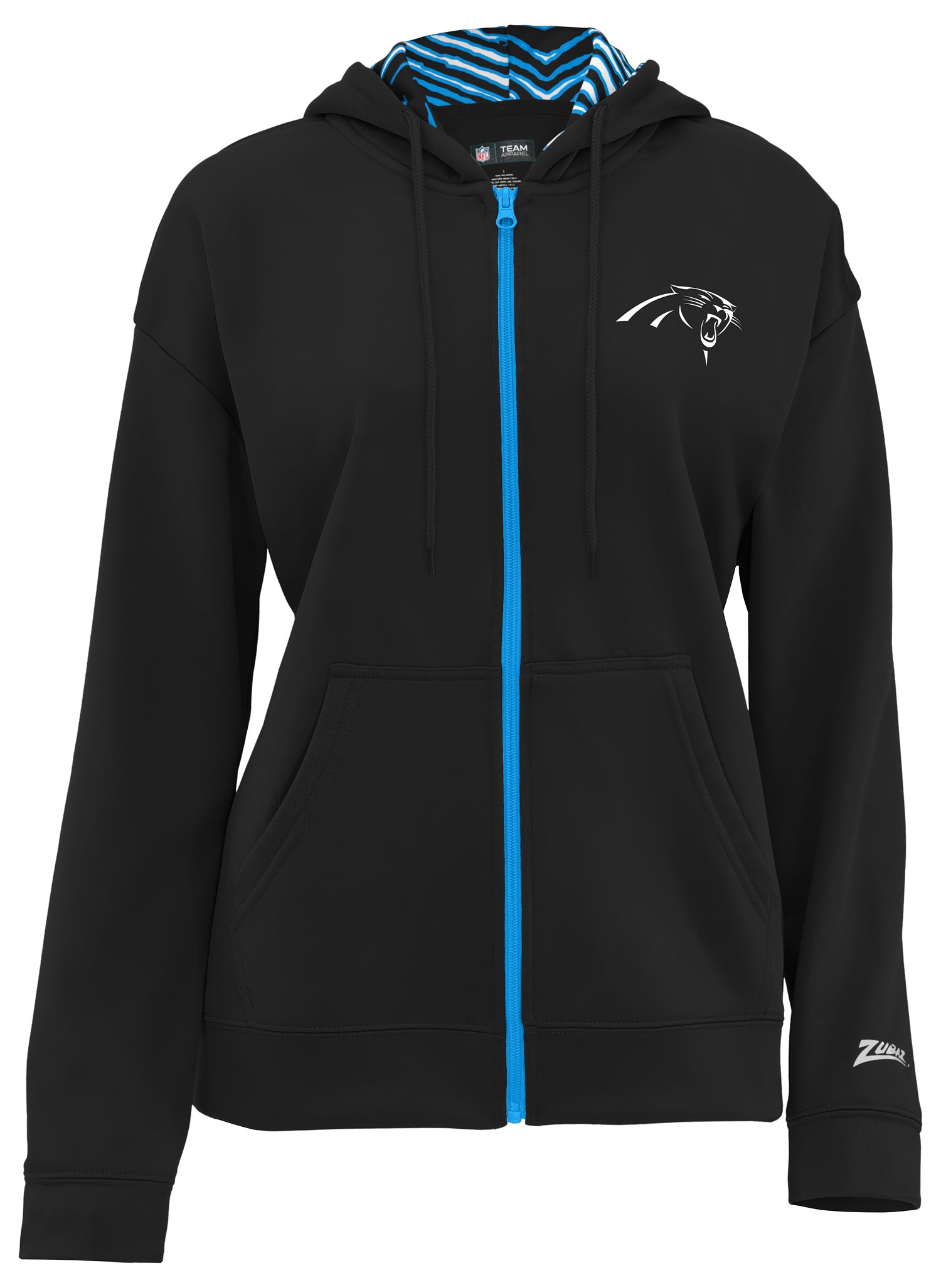 Zubaz NFL   Women's 3 Color Zebra Liner Full Zip Hoodie, CAROLINA PANTHERS