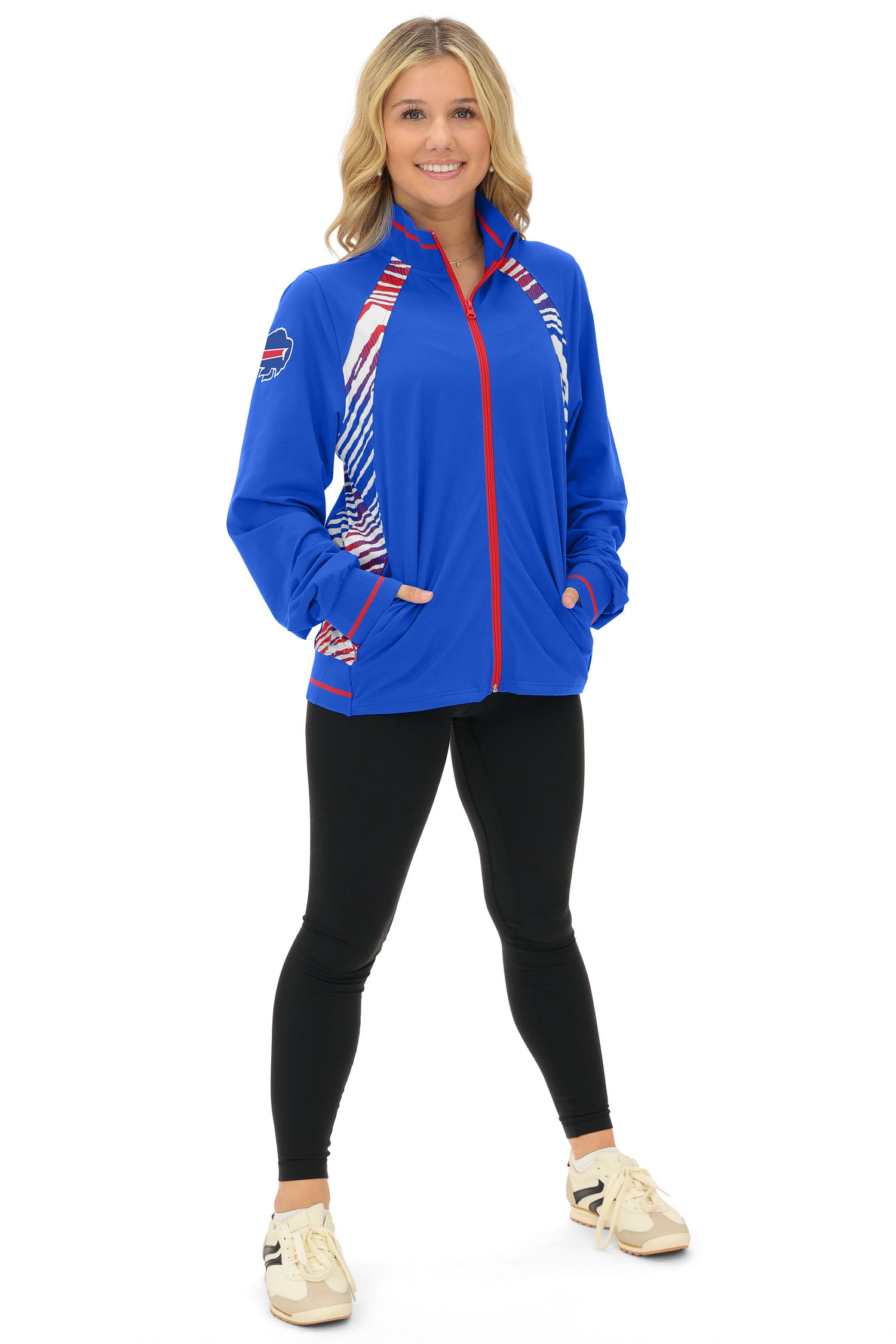 Zubaz NFL  Women's Elevated Zebra Ombre Mock Track Full Zip Top, BUFFALO BILLS