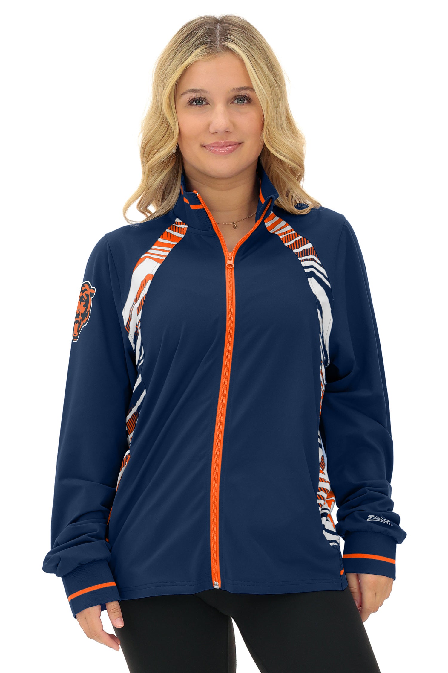 Zubaz NFL  Women's Elevated Zebra Ombre Mock Track Full Zip Top, CHICAGO BEARS