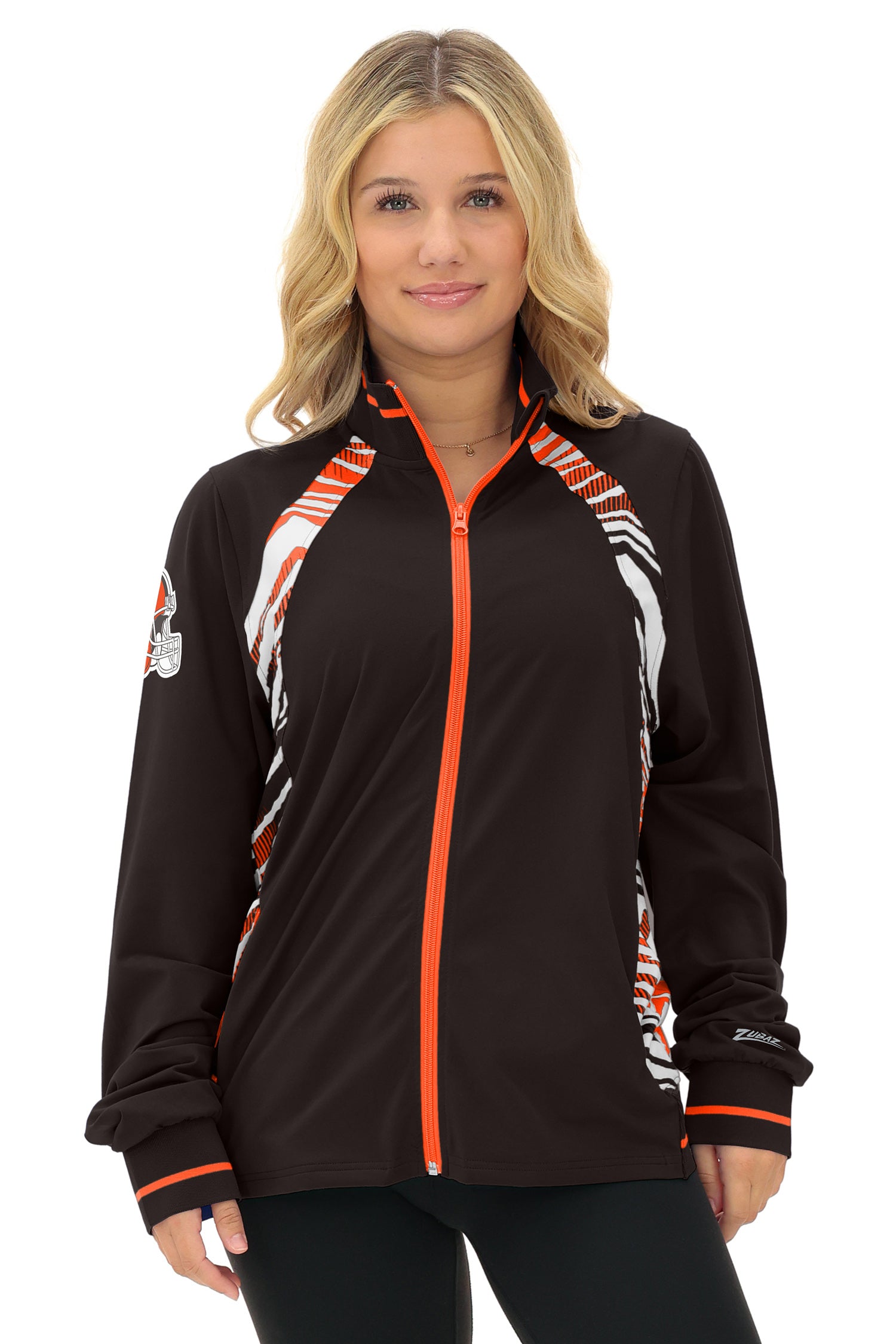Zubaz NFL  Women's Elevated Zebra Ombre Mock Track Full Zip Top, CLEVELAND BROWNS
