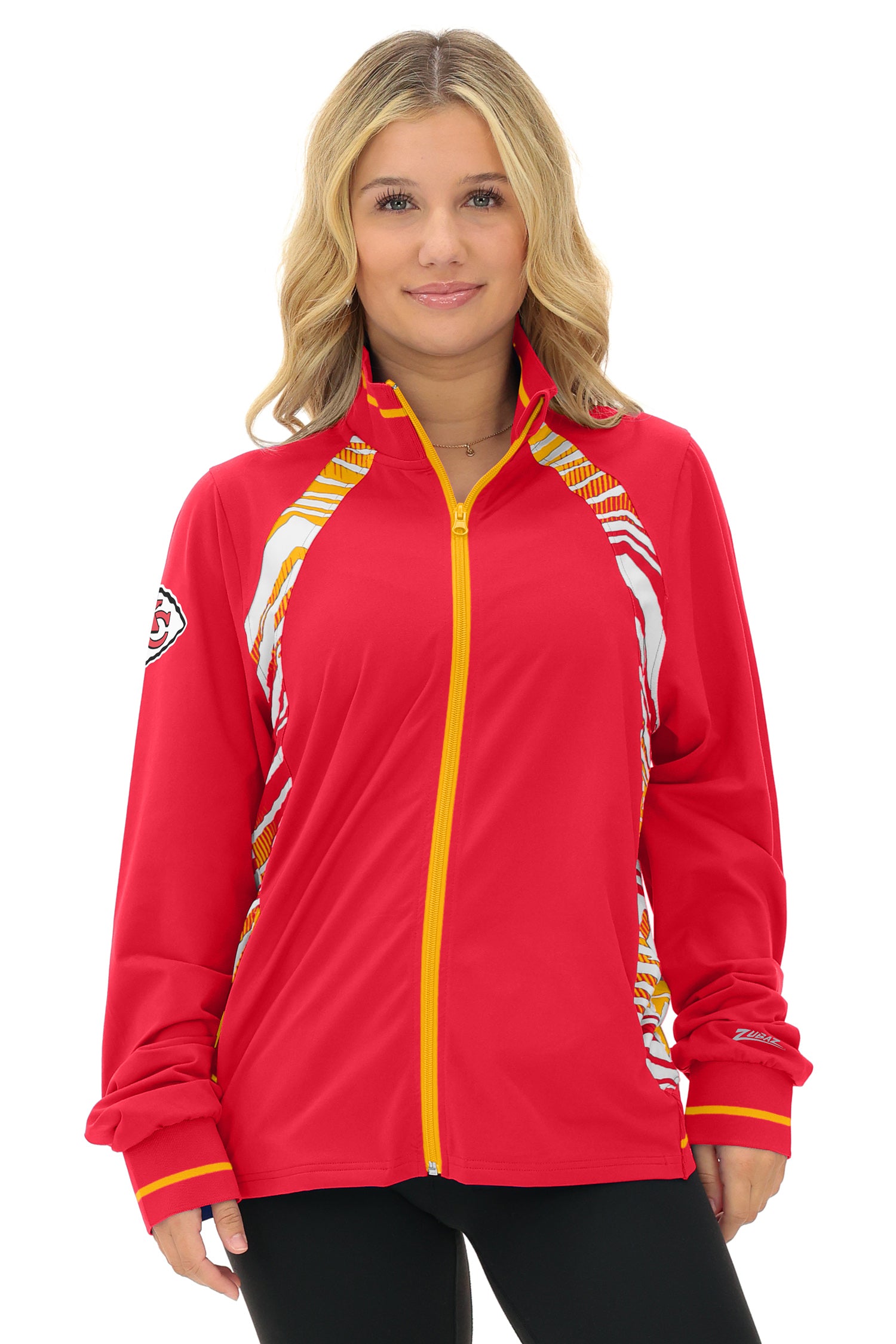 Zubaz NFL Women's Elevated Zebra Ombre Mock Track Full Zip Top, KANSAS
