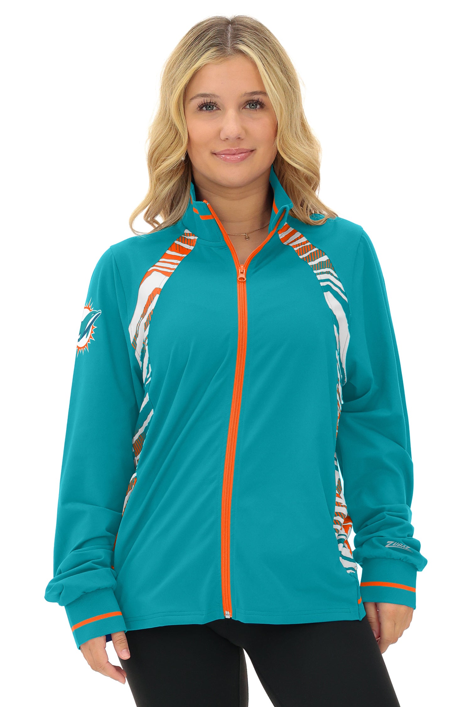 Zubaz NFL  Women's Elevated Zebra Ombre Mock Track Full Zip Top, MIAMI DOLPHINS