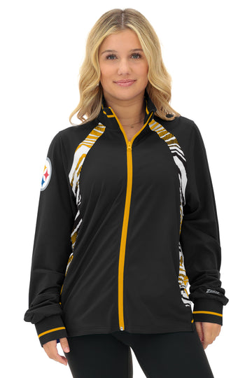 Zubaz NFL  Women's Elevated Zebra Ombre Mock Track Full Zip Top, PITTSBURGH STEELERS