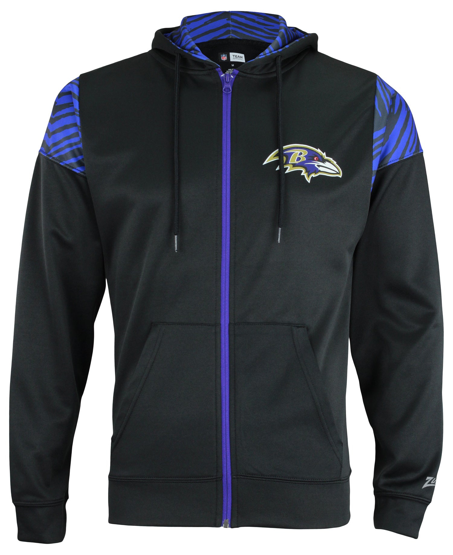 Zubaz NFL   Men's Logo 2 Color Zebra Bands and Hood Liner Full Zip Hoodie, BALTIMORE RAVENS