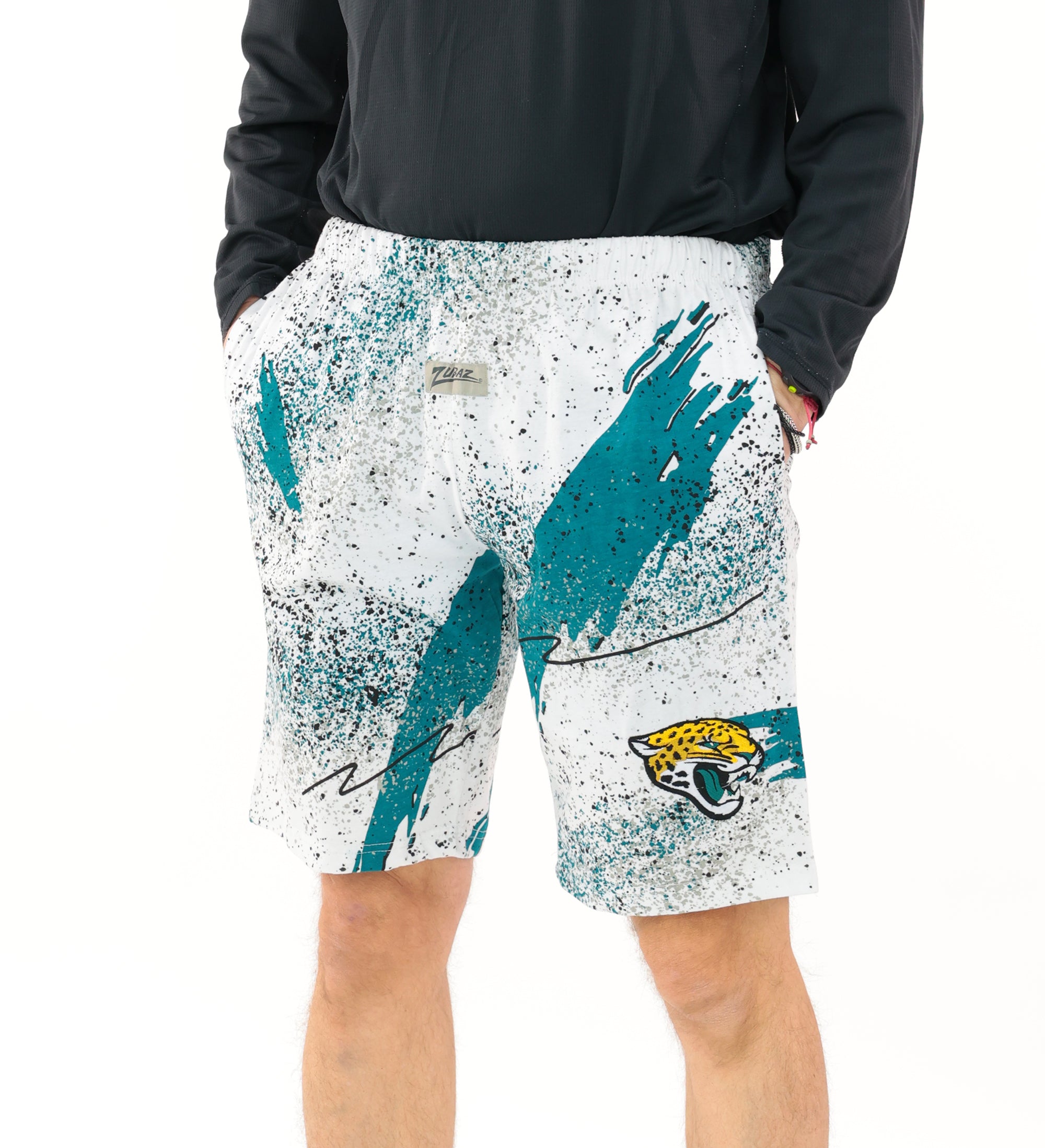 Zubaz NFL Adult Unisex Z88 Embroidered Confetti 3 Team Color Shorts, Jacksonville Jaguars