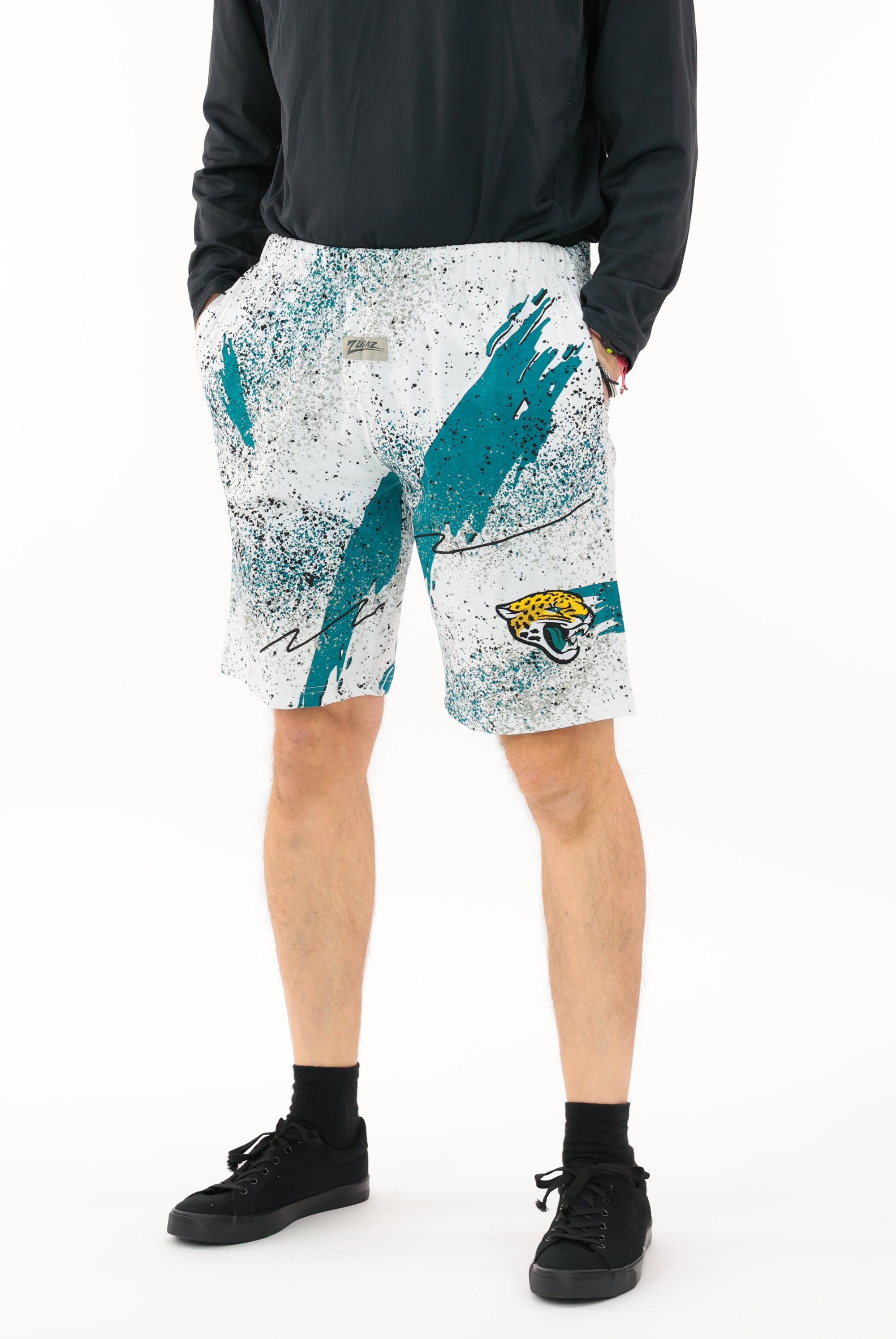 Zubaz NFL Adult Unisex Z88 Embroidered Confetti 3 Team Color Shorts, Jacksonville Jaguars