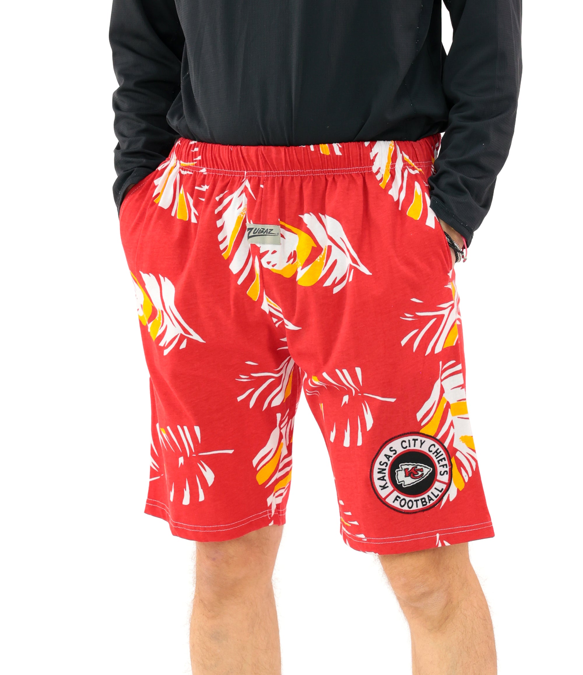 Zubaz NFL Adult Unisex Z88 Embroidered Leaf 3 Team Color Shorts, Kansas City Chiefs