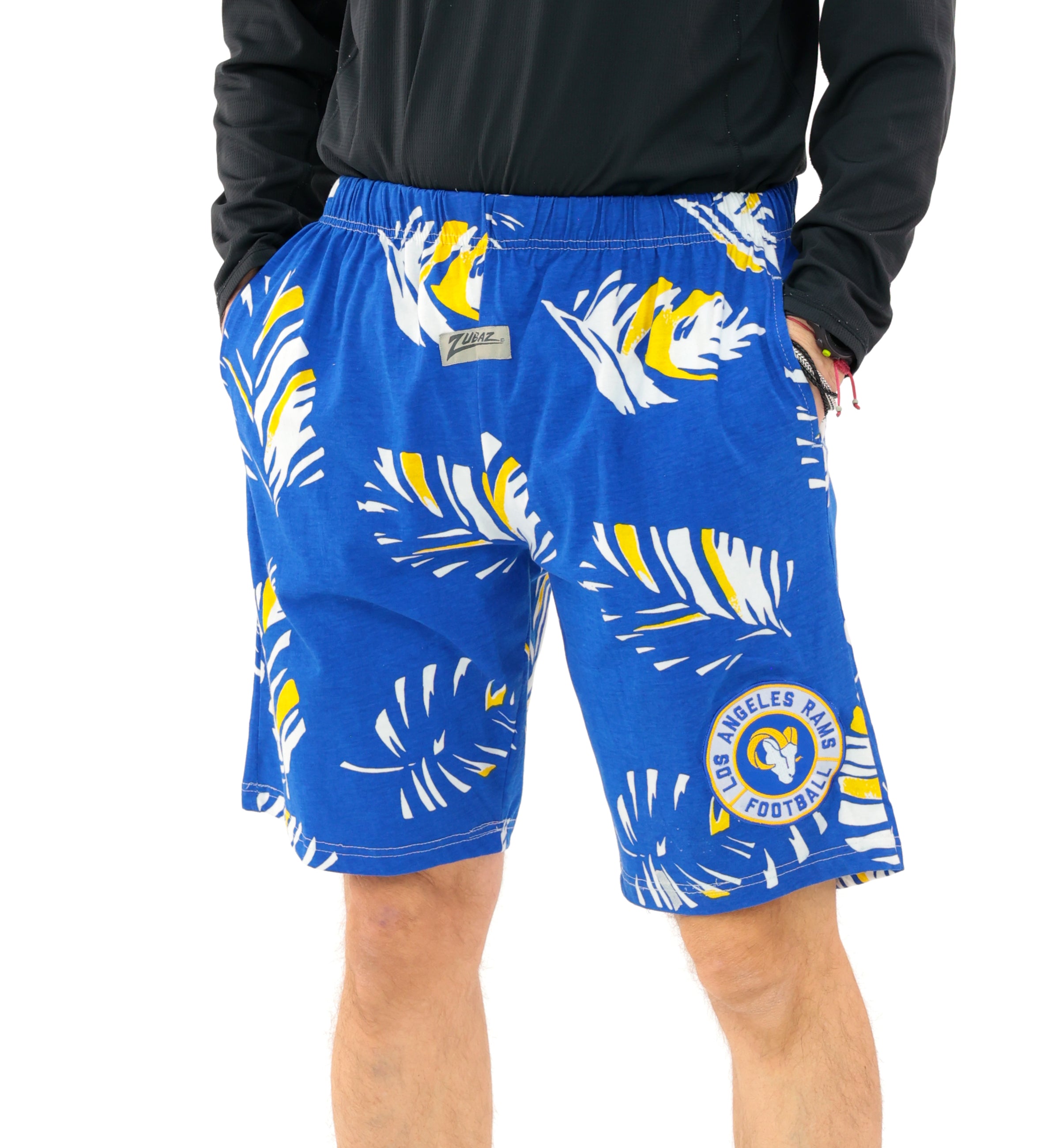 Zubaz NFL Adult Unisex Z88 Embroidered Leaf 3 Team Color Shorts, Los Angeles Rams