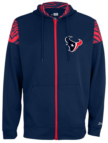 Zubaz NFL   Men's Logo 2 Color Zebra Bands and Hood Liner Full Zip Hoodie, HOUSTON TEXANS