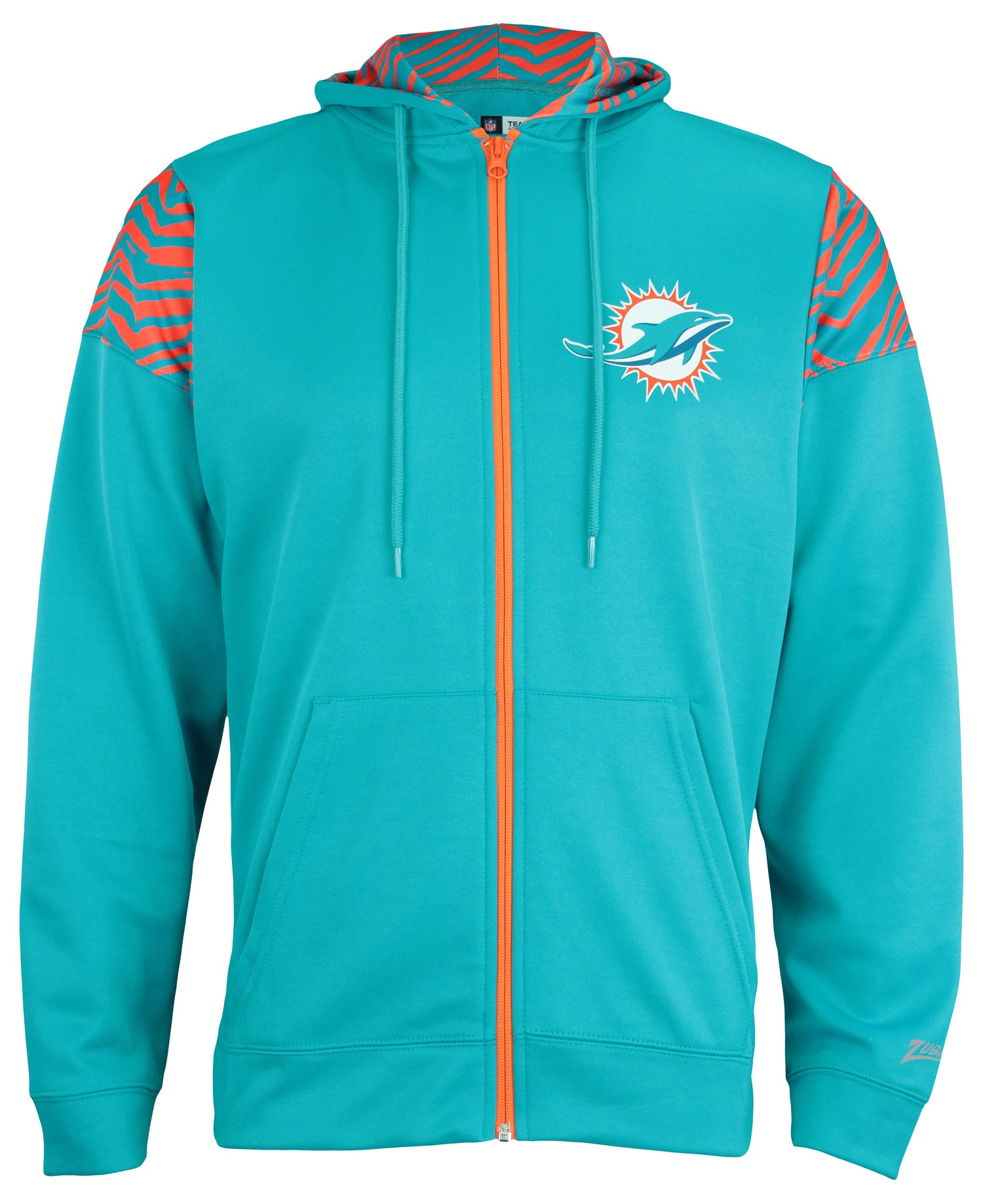 Zubaz NFL   Men's Logo 2 Color Zebra Bands and Hood Liner Full Zip Hoodie, MIAMI DOLPHINS