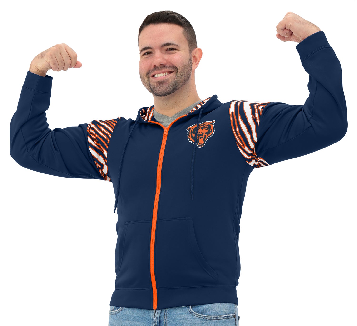 Zubaz NFL   Men's Play Action 3 Color Zebra Bands and Hood Line Full Zip Hoodie, CHICAGO BEARS