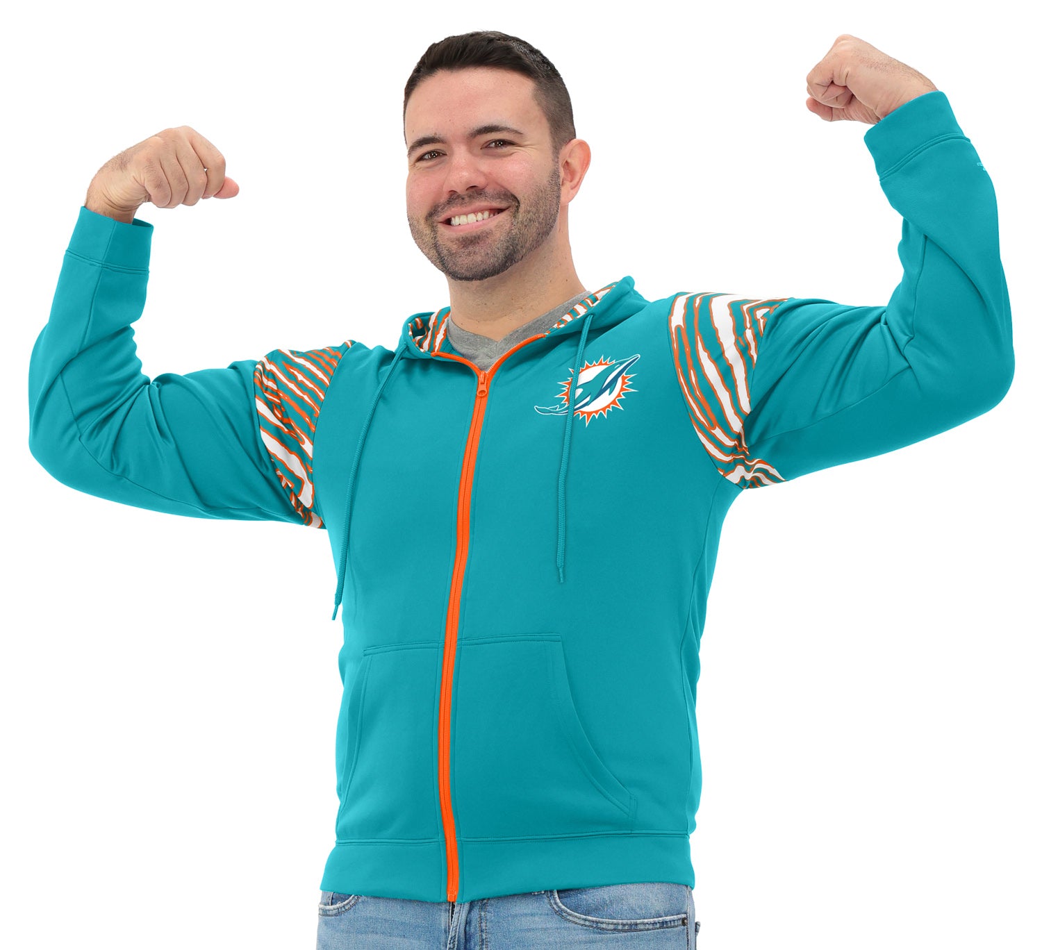 Zubaz NFL   Men's Play Action 3 Color Zebra Bands and Hood Line Full Zip Hoodie, MIAMI DOLPHINS