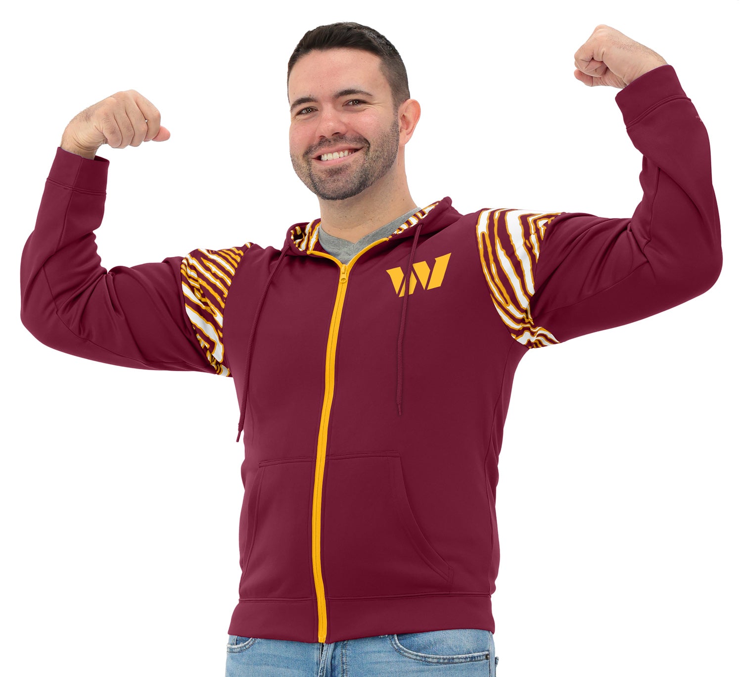 Zubaz NFL   Men's Play Action 3 Color Zebra Bands and Hood Line Full Zip Hoodie, WASHINGTON COMMANDERS