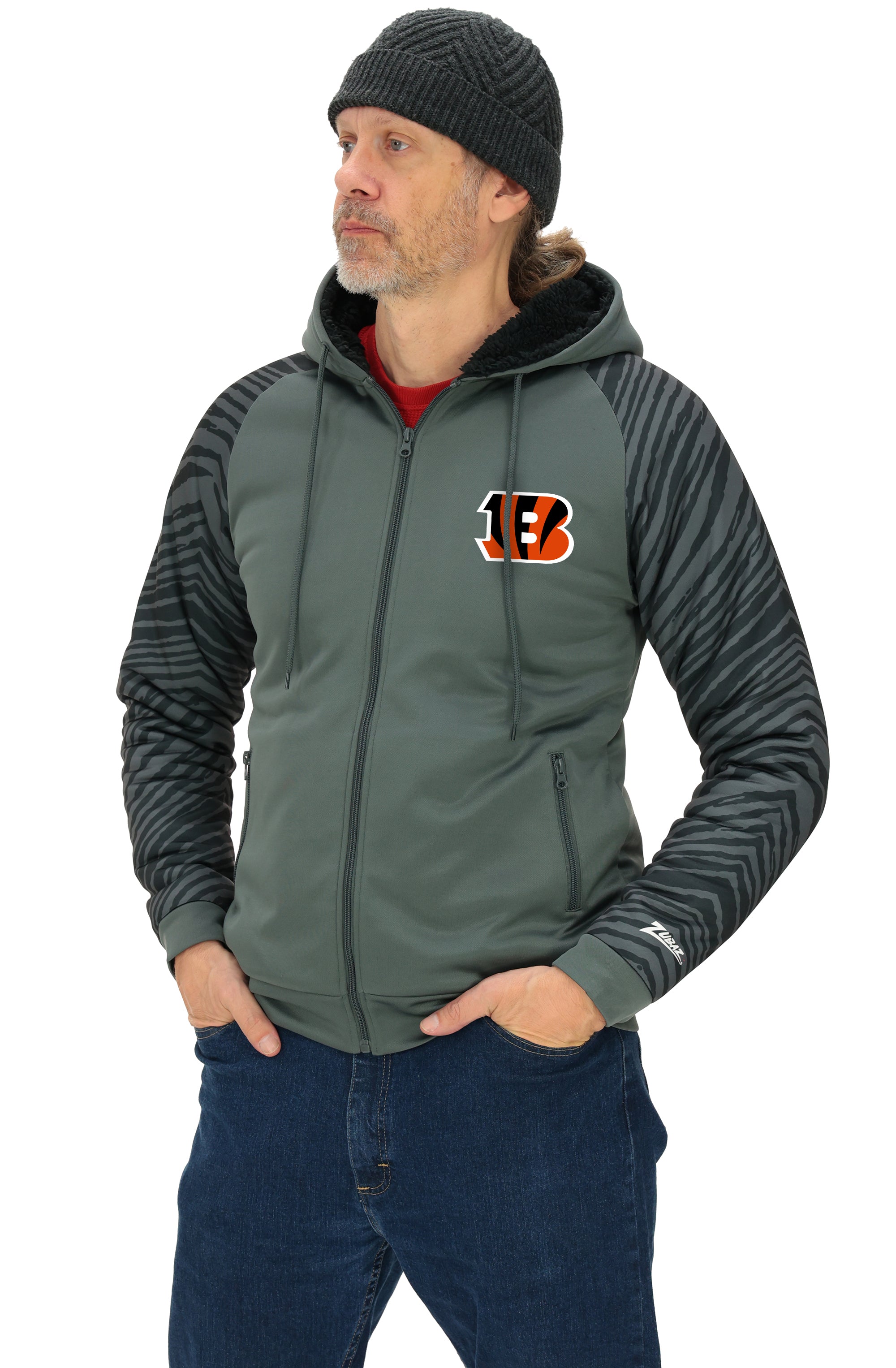 Zubaz NFL   Men's Charcoal Tonal Zebra Sherpa Lined Raglan Full Zip Hoodie, CINCINNATI BENGALS