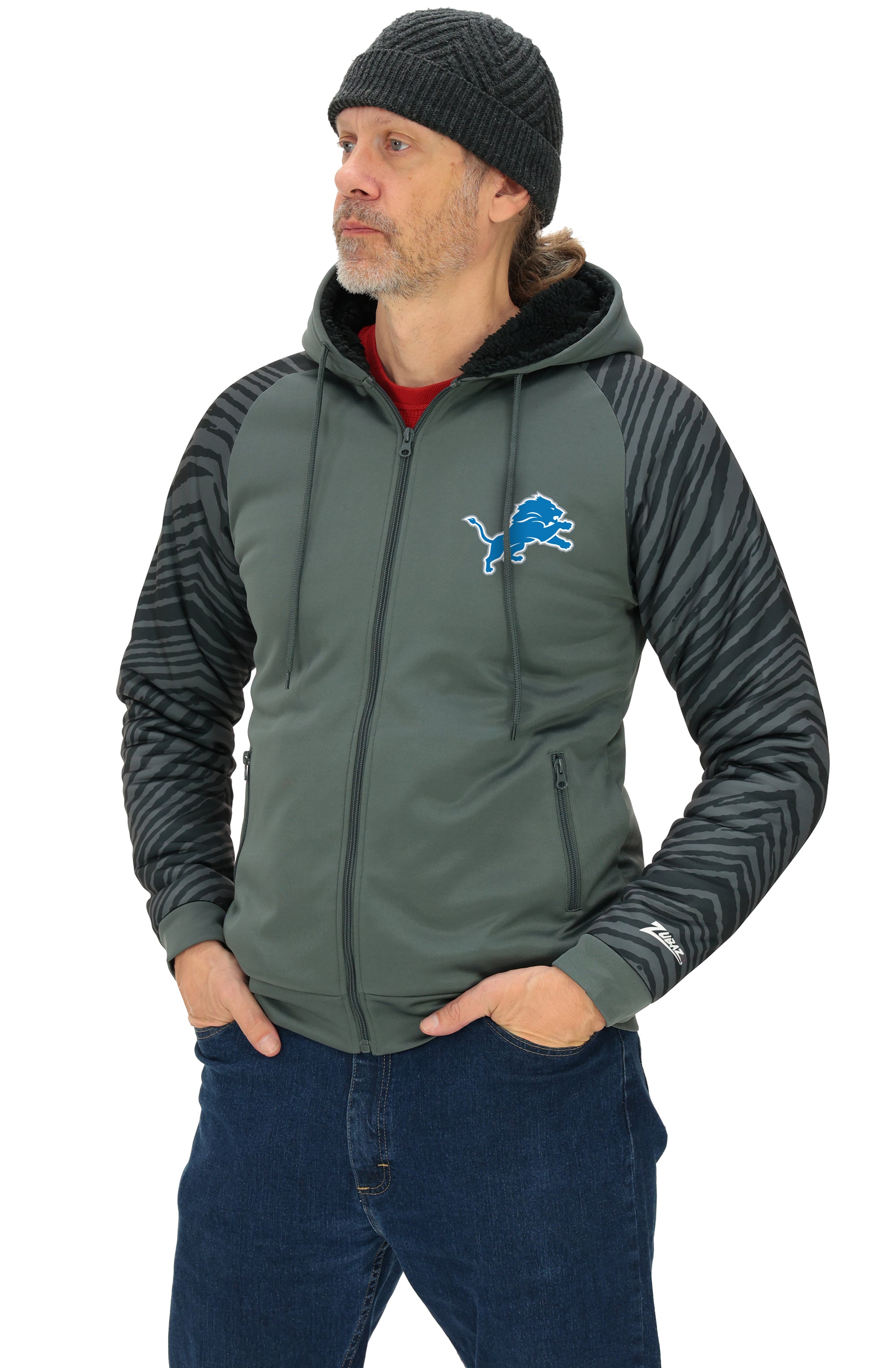 Zubaz NFL   Men's Charcoal Tonal Zebra Sherpa Lined Raglan Full Zip Hoodie, DETROIT LIONS