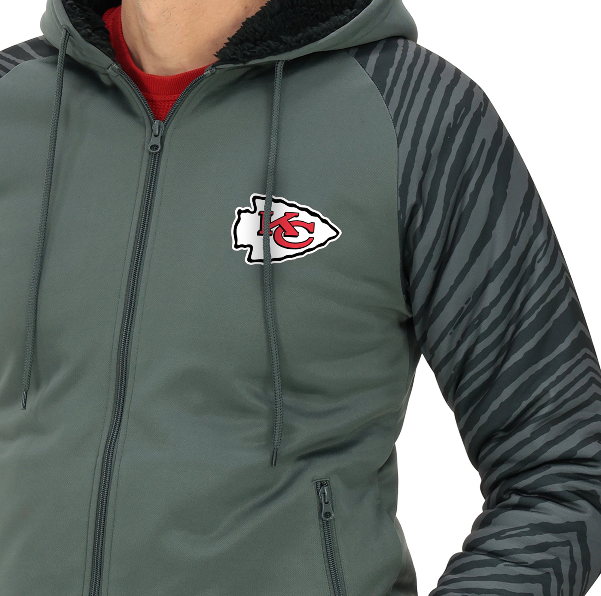 Zubaz NFL   Men's Charcoal Tonal Zebra Sherpa Lined Raglan Full Zip Hoodie, KANSAS CITY CHIEFS
