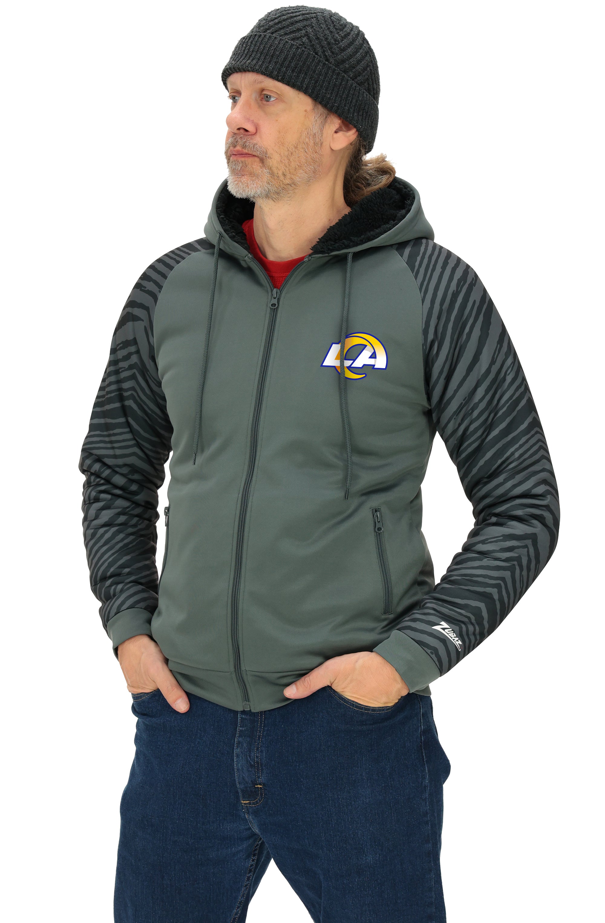 Zubaz NFL   Men's Charcoal Tonal Zebra Sherpa Lined Raglan Full Zip Hoodie, LOS ANGELES RAMS