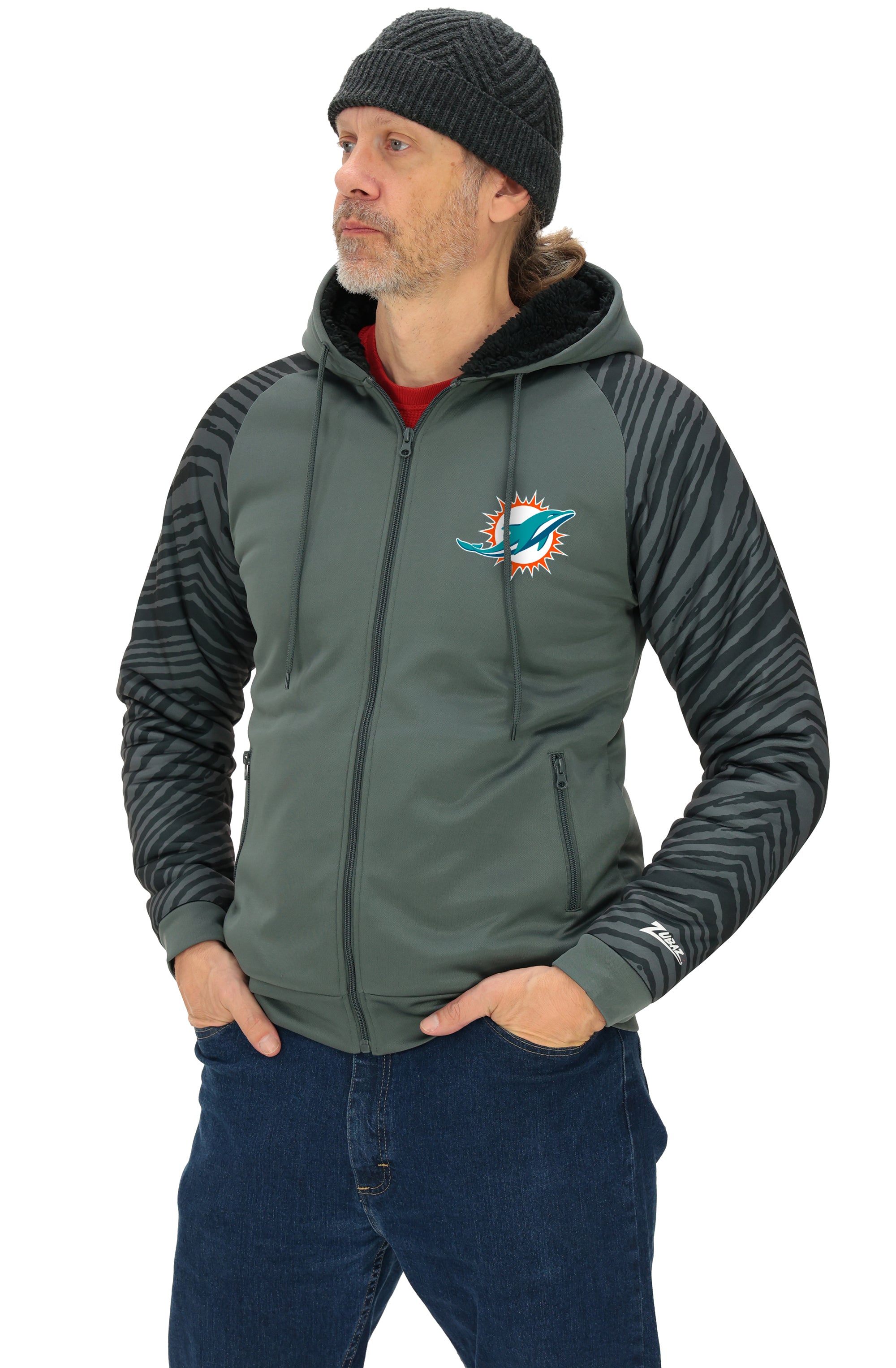 Zubaz NFL   Men's Charcoal Tonal Zebra Sherpa Lined Raglan Full Zip Hoodie, MIAMI DOLPHINS