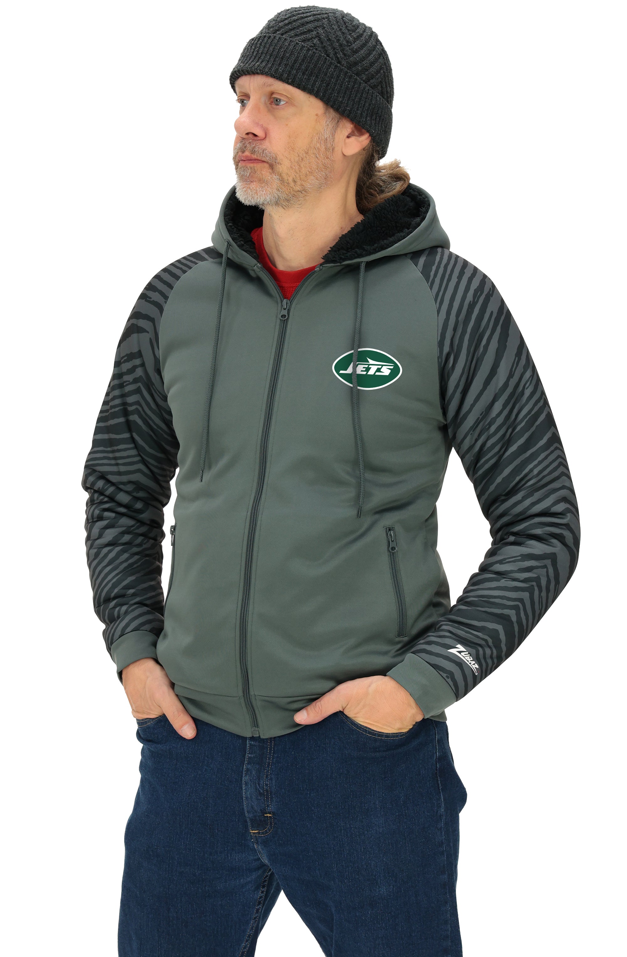 Zubaz NFL   Men's Charcoal Tonal Zebra Sherpa Lined Raglan Full Zip Hoodie, NEW YORK JETS