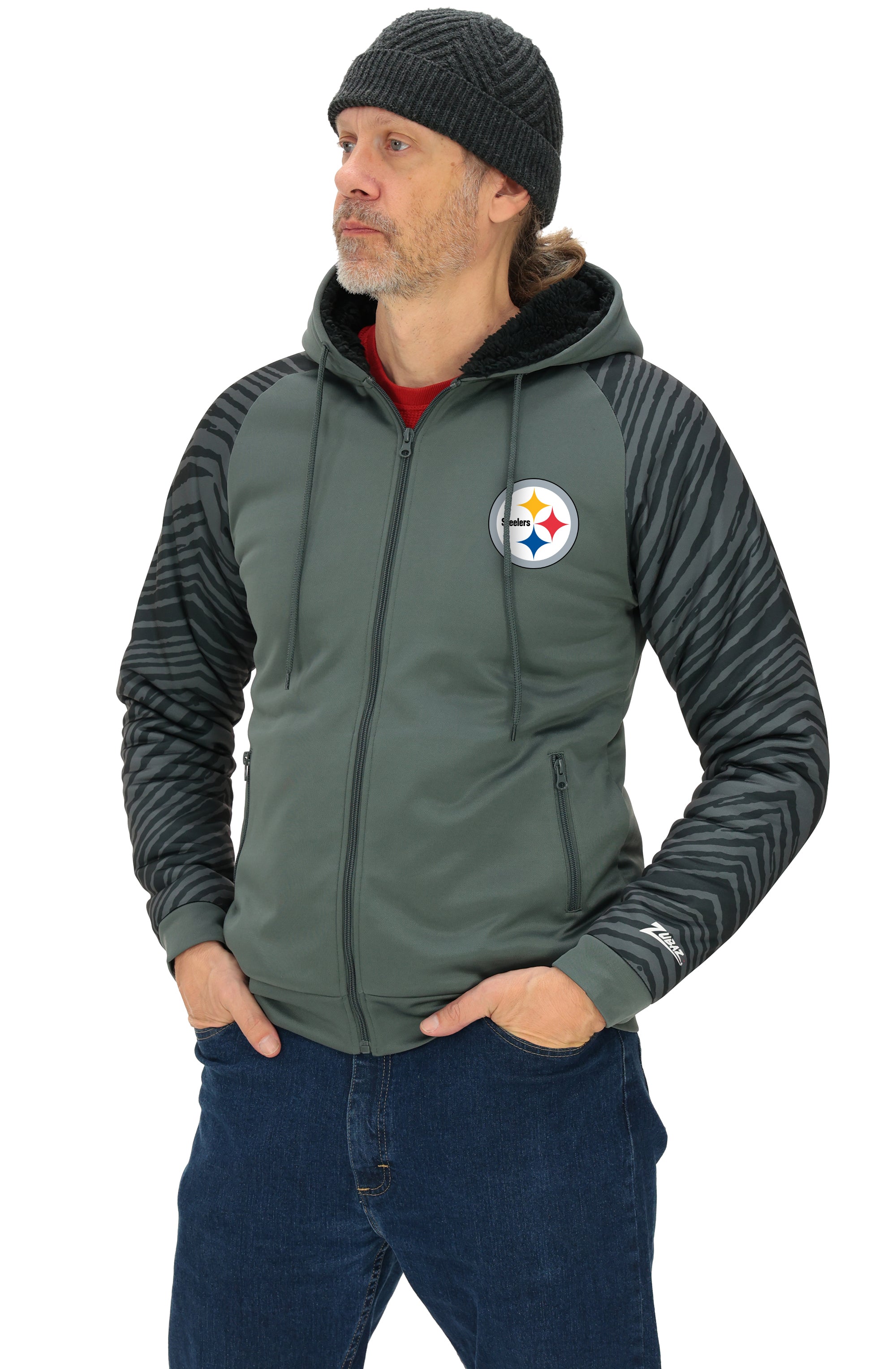 Zubaz NFL   Men's Charcoal Tonal Zebra Sherpa Lined Raglan Full Zip Hoodie, PITTSBURGH STEELERS