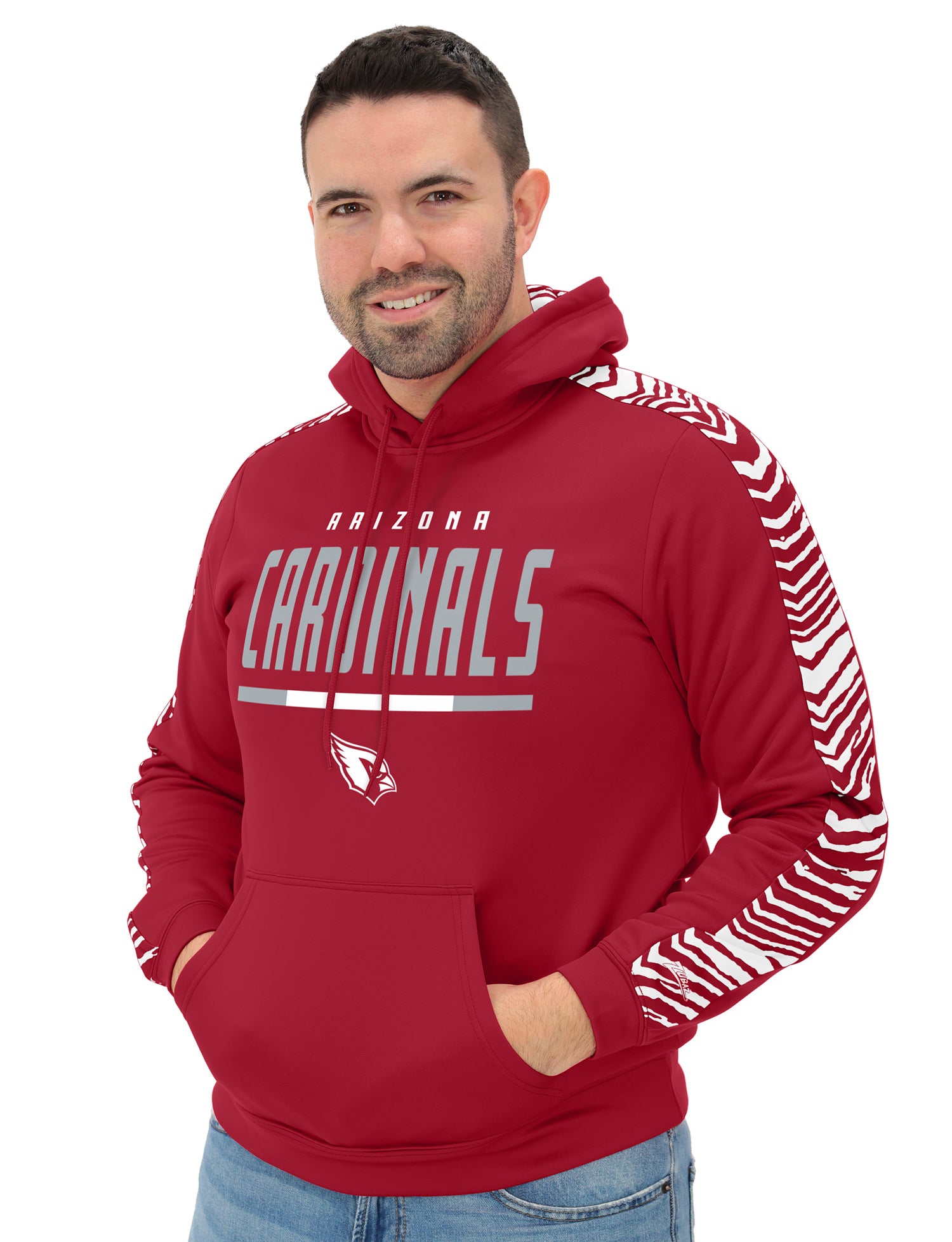 Zubaz NFL   Men's Linebacker 2 Color Zebra Sleeve Panel Hoodie, ARIZONA CARDINALS