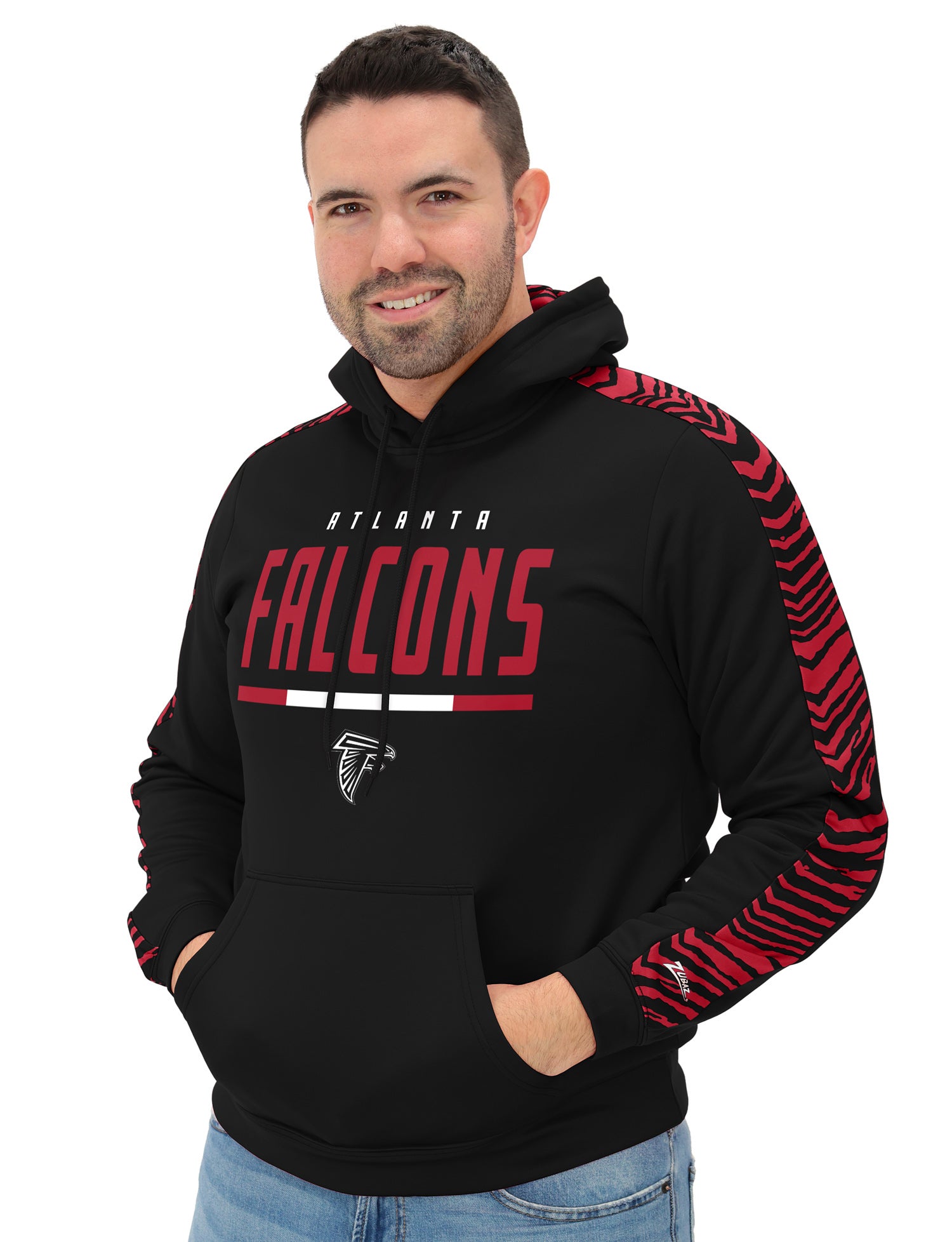 Zubaz NFL   Men's Linebacker 2 Color Zebra Sleeve Panel Hoodie, ATLANTA FALCONS