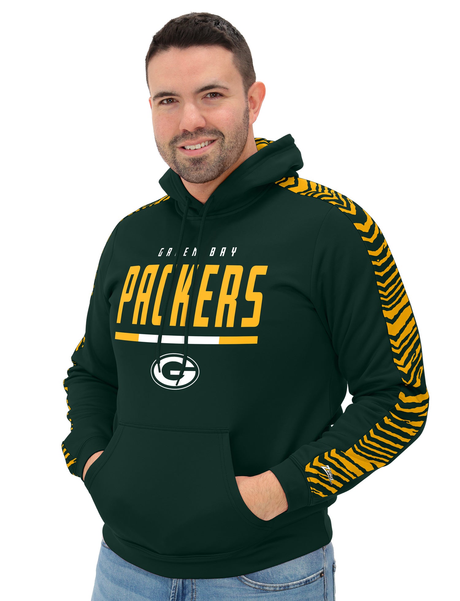 Zubaz NFL   Men's Linebacker 2 Color Zebra Sleeve Panel Hoodie, GREEN BAY PACKERS