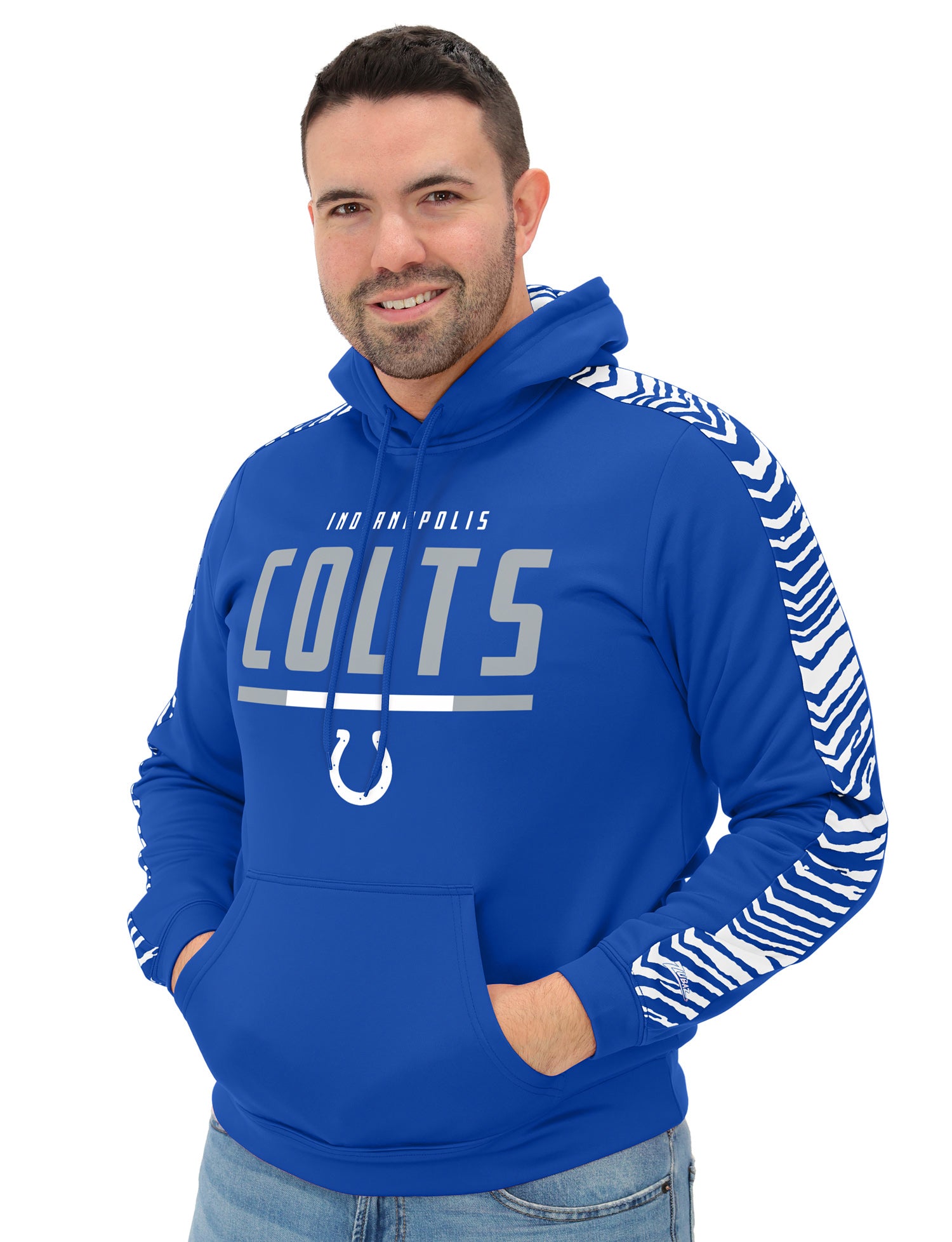Zubaz NFL   Men's Linebacker 2 Color Zebra Sleeve Panel Hoodie, INDIANAPOLIS COLTS