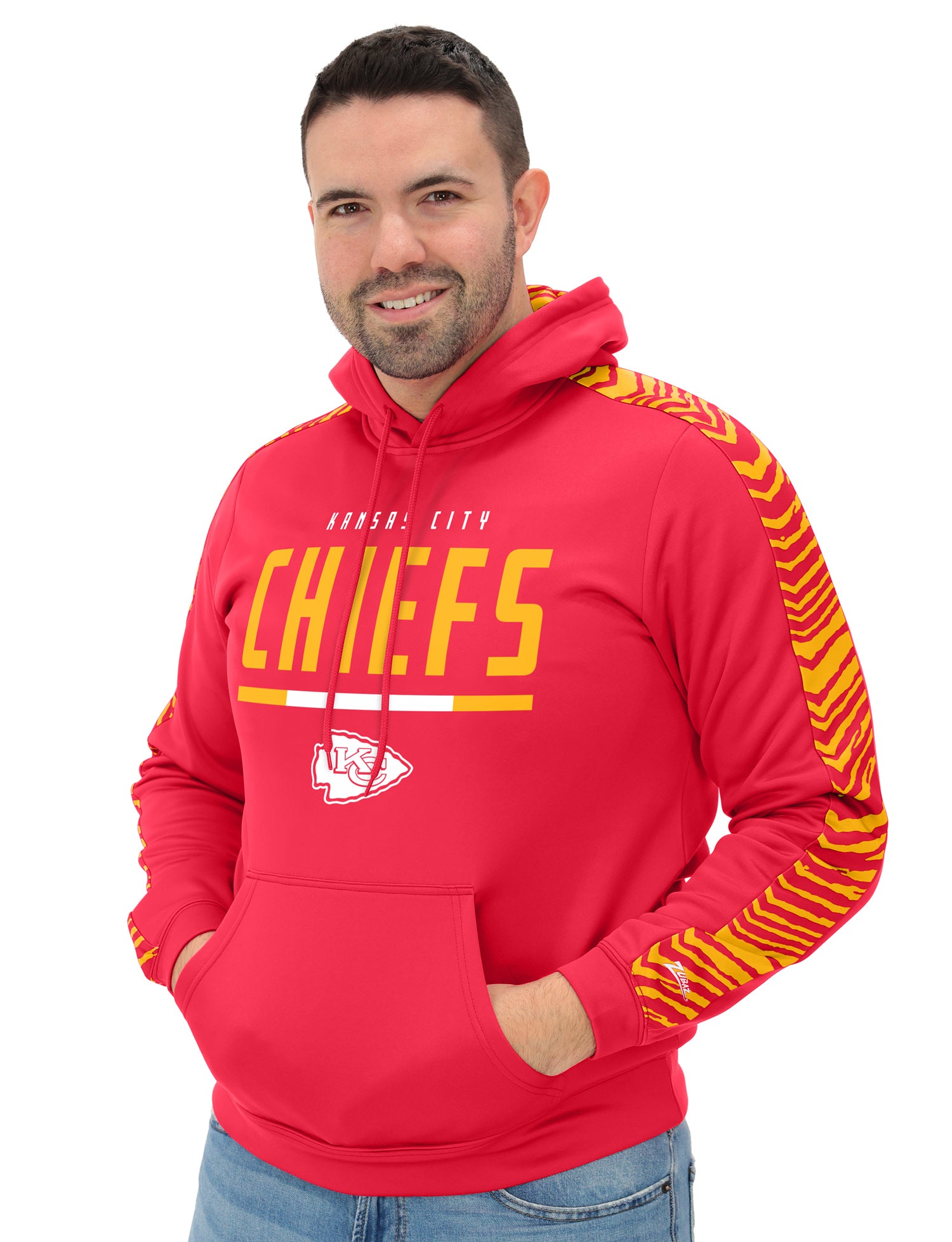 Zubaz NFL   Men's Linebacker 2 Color Zebra Sleeve Panel Hoodie, KANSAS CITY CHIEFS