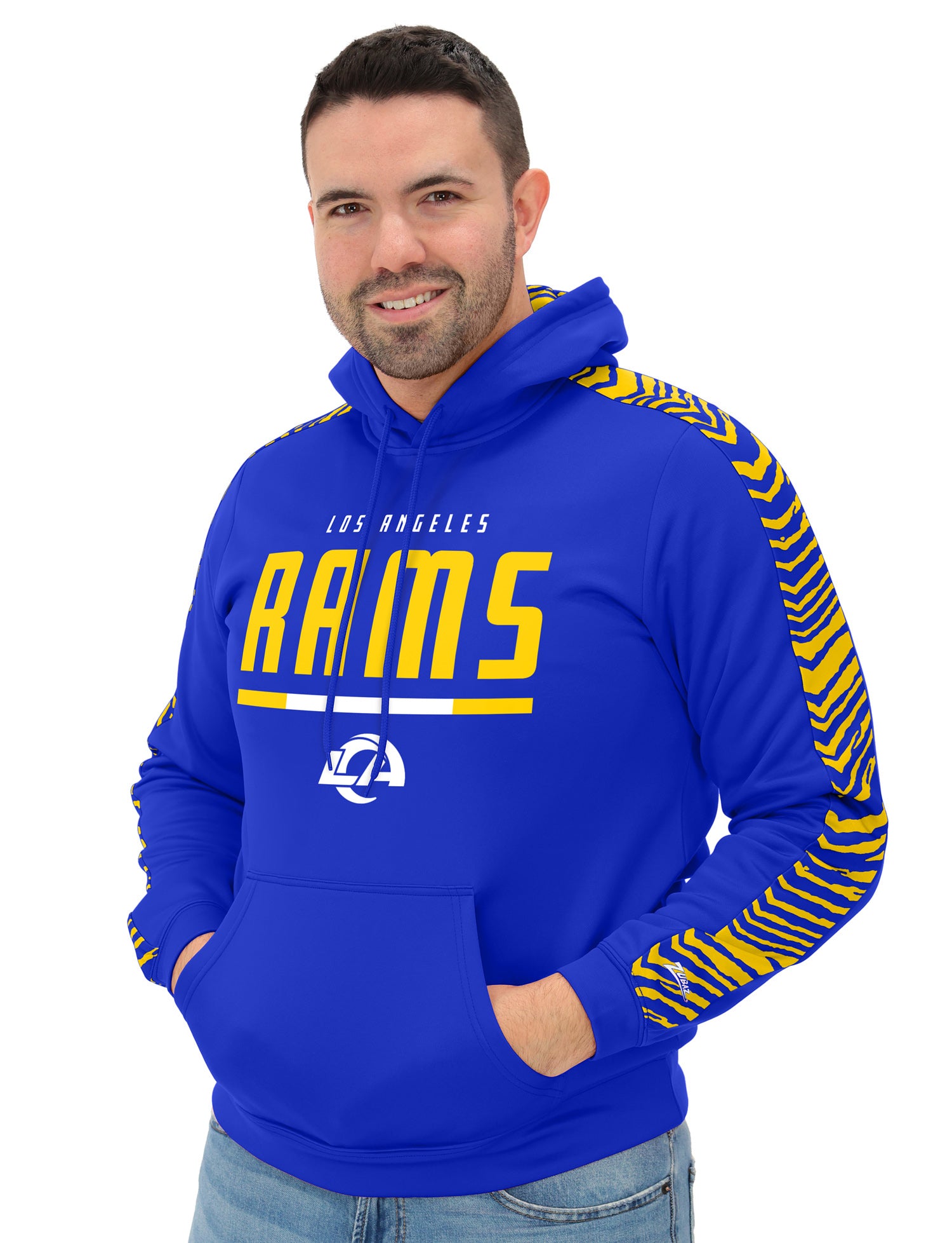 Zubaz NFL   Men's Linebacker 2 Color Zebra Sleeve Panel Hoodie, LOS ANGELES RAMS