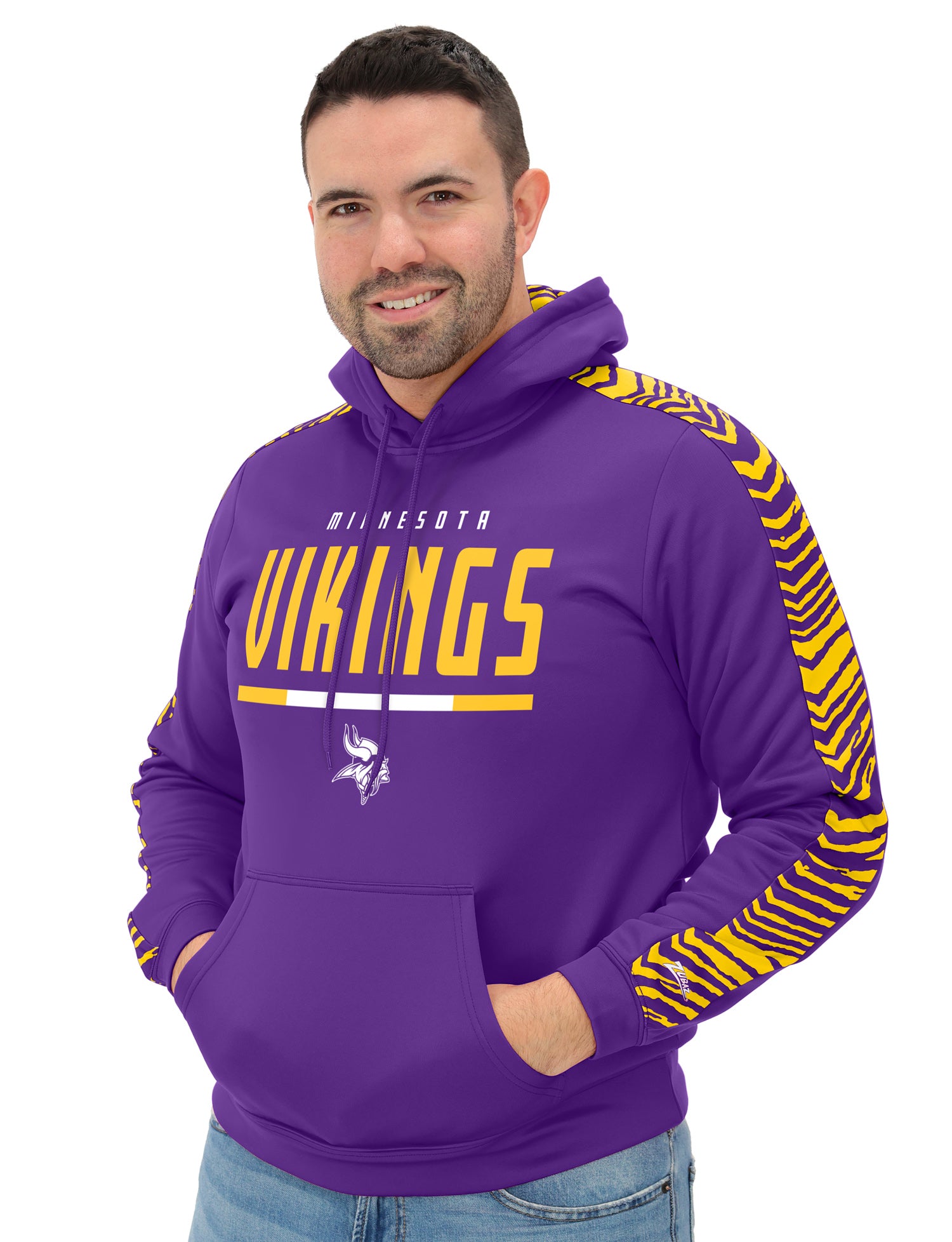 Zubaz NFL   Men's Linebacker 2 Color Zebra Sleeve Panel Hoodie, MINNESOTA VIKINGS