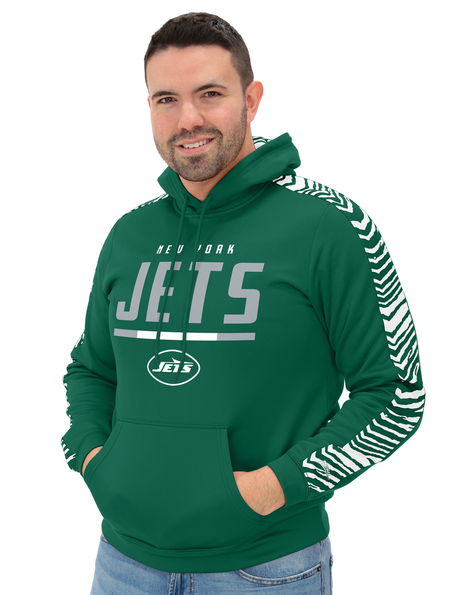 Zubaz NFL   Men's Linebacker 2 Color Zebra Sleeve Panel Hoodie, NEW YORK JETS
