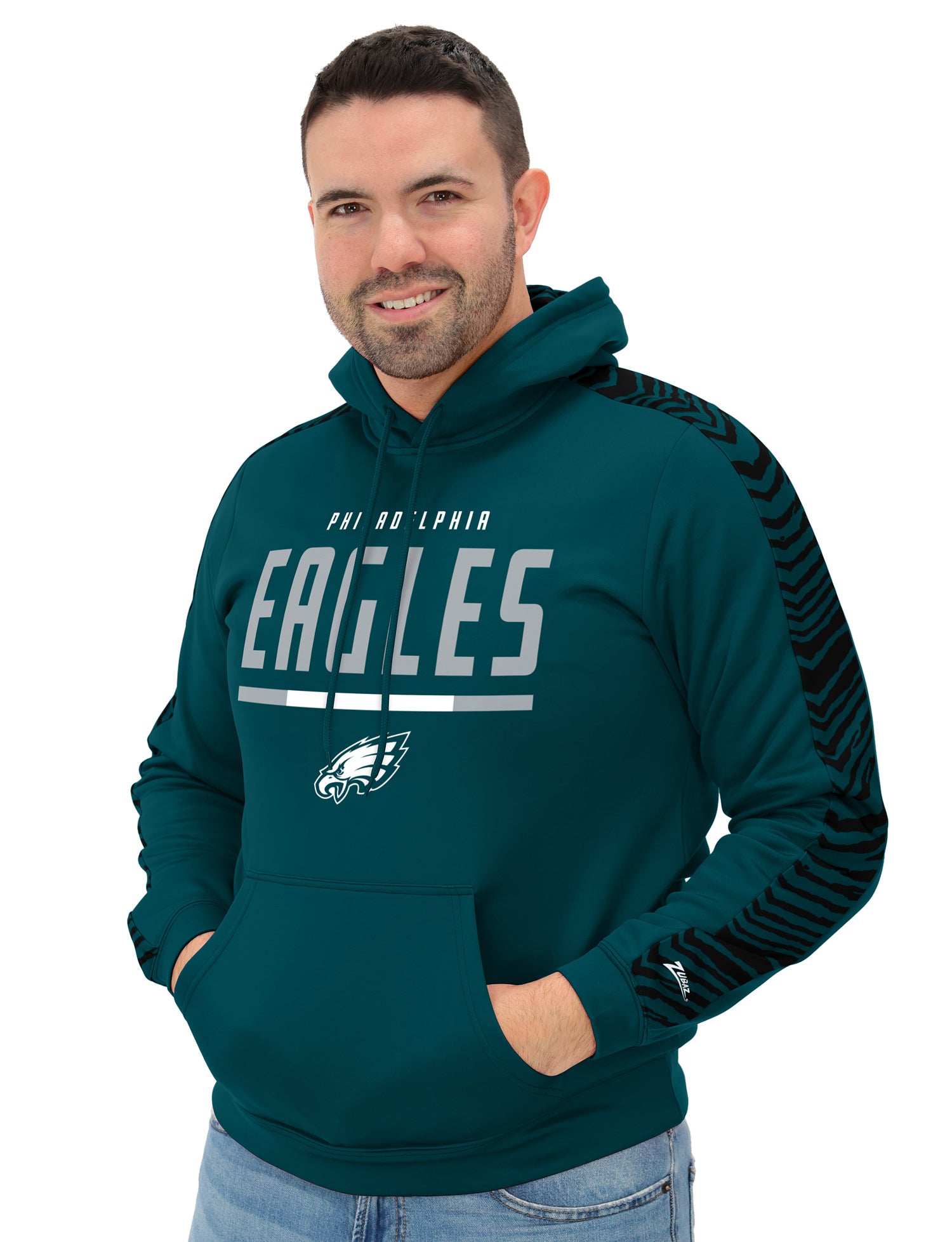 Zubaz NFL   Men's Linebacker 2 Color Zebra Sleeve Panel Hoodie, PHILADELPHIA EAGLES