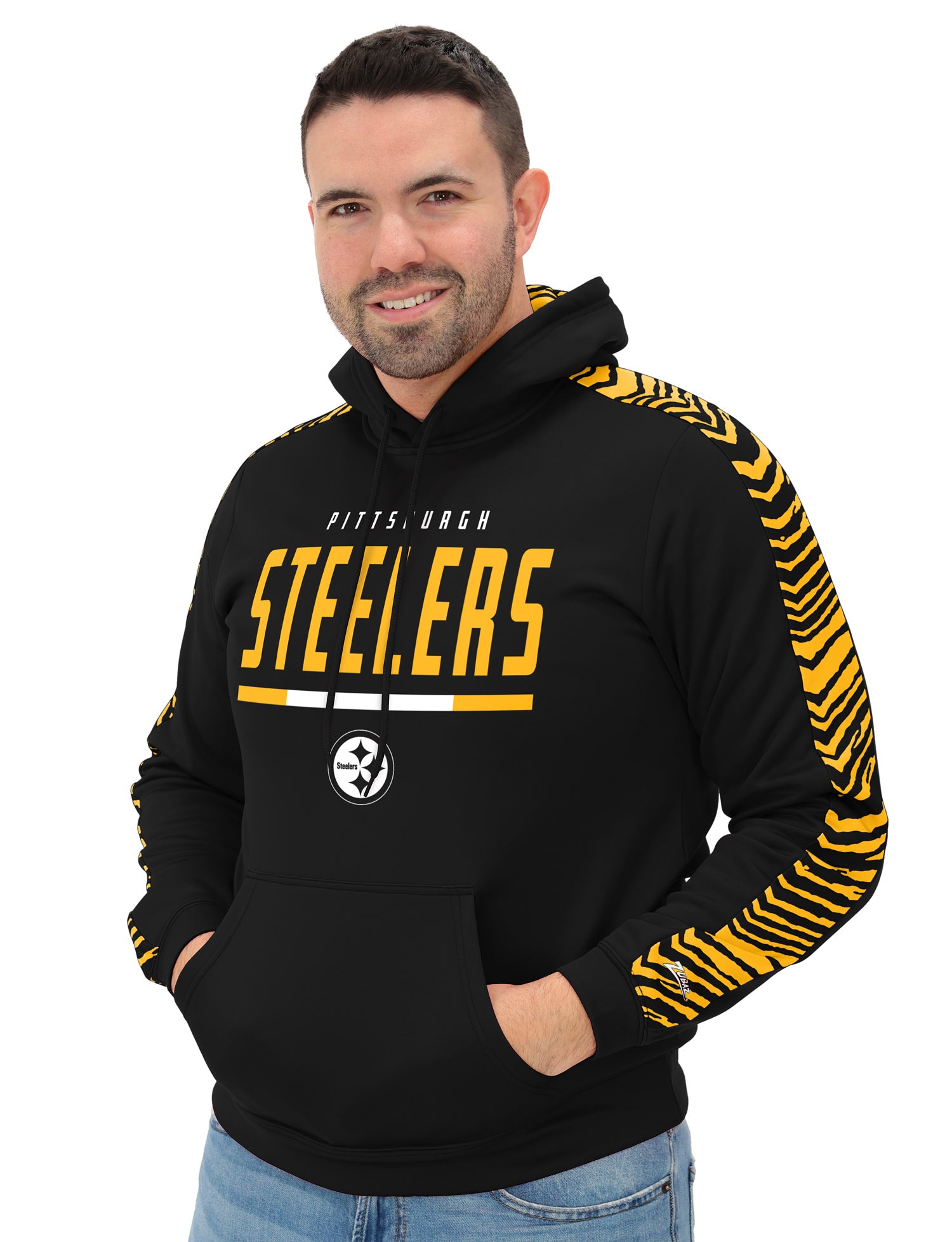 Zubaz NFL   Men's Linebacker 2 Color Zebra Sleeve Panel Hoodie, PITTSBURGH STEELERS