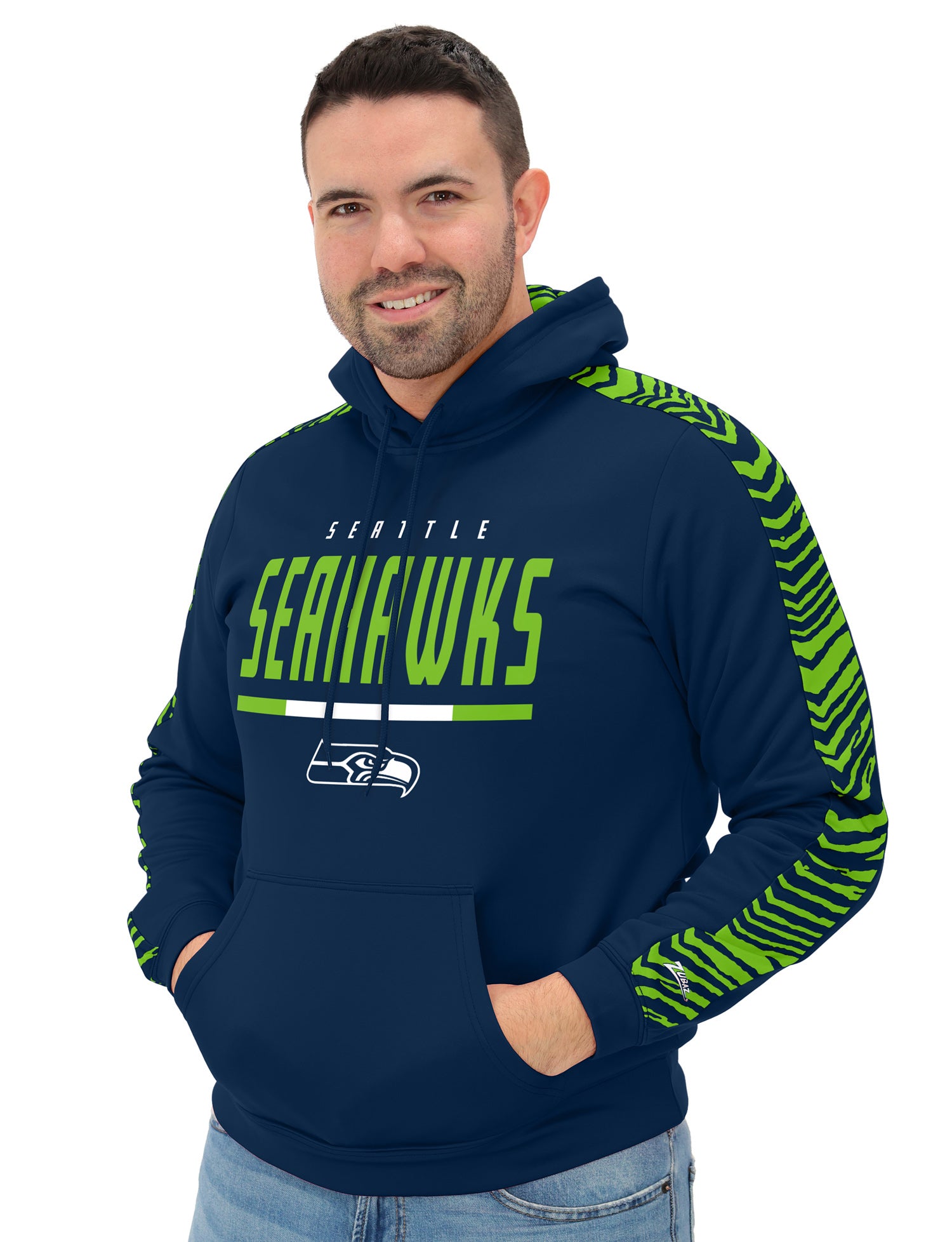 Zubaz NFL   Men's Linebacker 2 Color Zebra Sleeve Panel Hoodie, SEATTLE SEAHAWKS