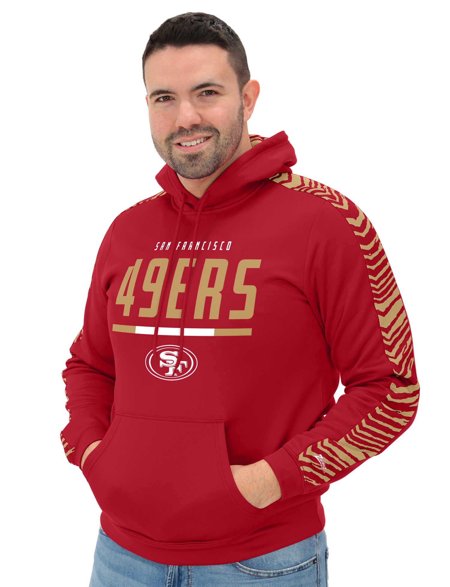 Zubaz NFL   Men's Linebacker 2 Color Zebra Sleeve Panel Hoodie, SAN FRANCISCO 49ERS