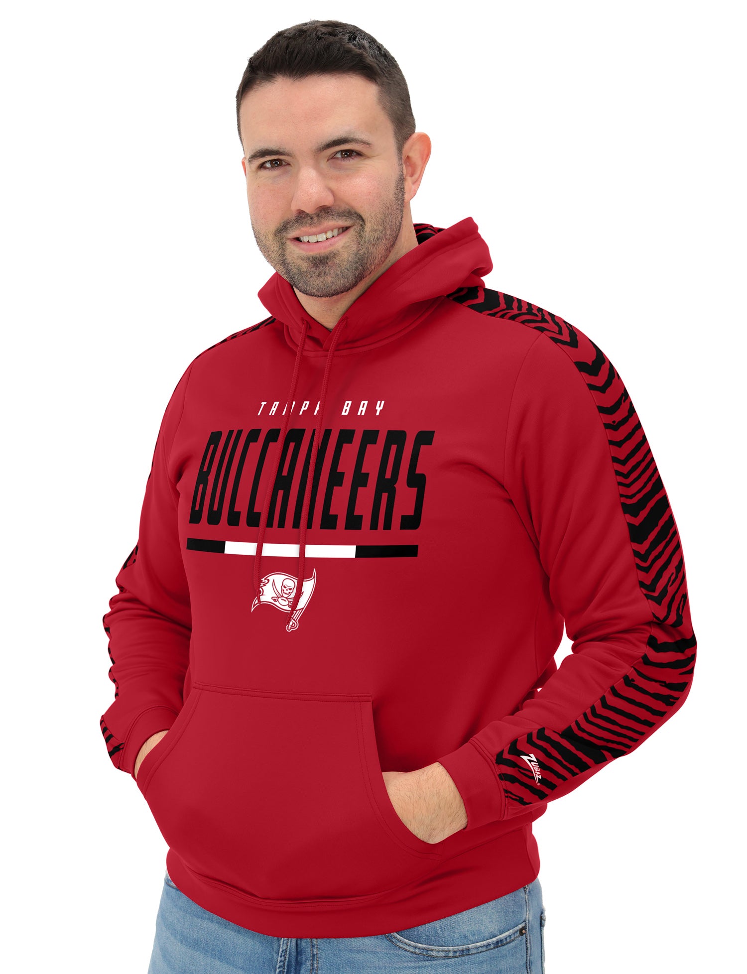 Zubaz NFL   Men's Linebacker 2 Color Zebra Sleeve Panel Hoodie, TAMPA BAY BUCCANEERS