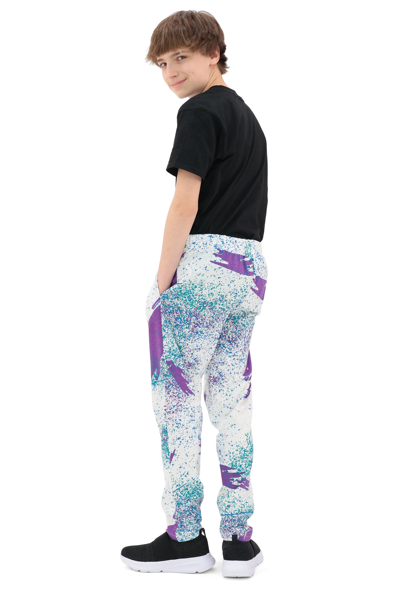 Zubaz Youth Unisex Z88 Confetti Pant, PURPLE/FLUORESCENT BLUE